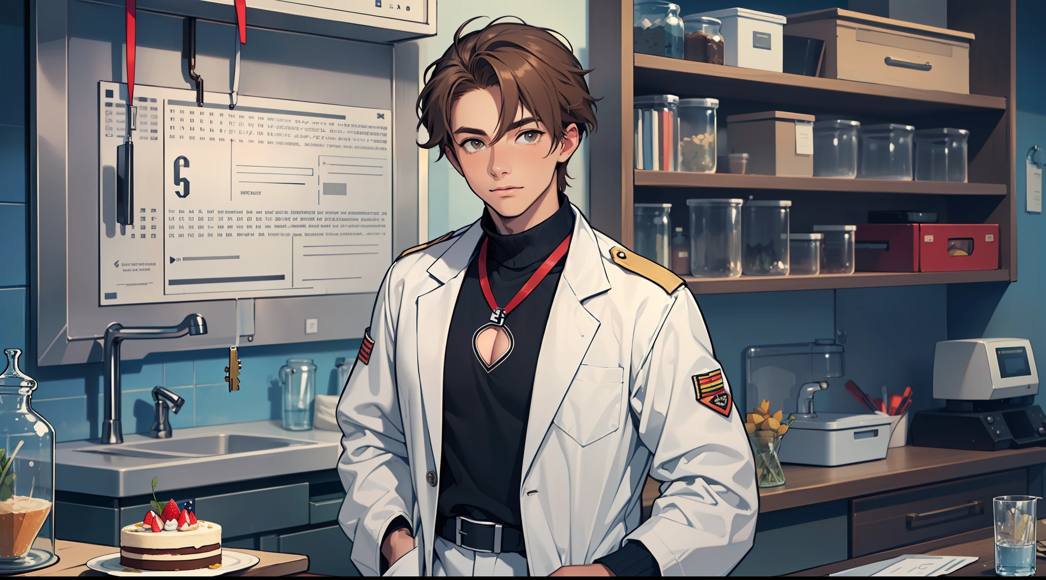 (high-quality image), a dashing young adult ((scientist)) with (military short brown hair), (hazel eyes), wearing a (crisp white shirt), (blue pants), and a (lab coat) that perfectly accents his (long-sleeved) style. The icing on the cake is the charming little (((keyhole cutout shirt))) adding just the right touch of whimsy to the ensemble.