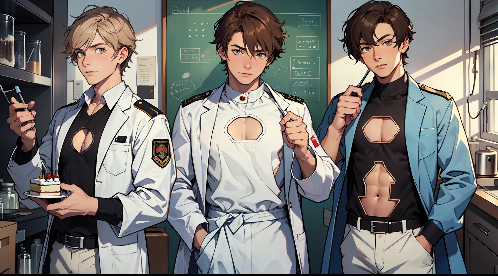 (high-quality image), a dashing young adult ((scientist)) with (military short brown hair), (hazel eyes), wearing a (crisp white shirt), (blue pants), and a (lab coat) that perfectly accents his (long-sleeved) style. The icing on the cake is the charming little (((keyhole cutout shirt))) adding just the right touch of whimsy to the ensemble.