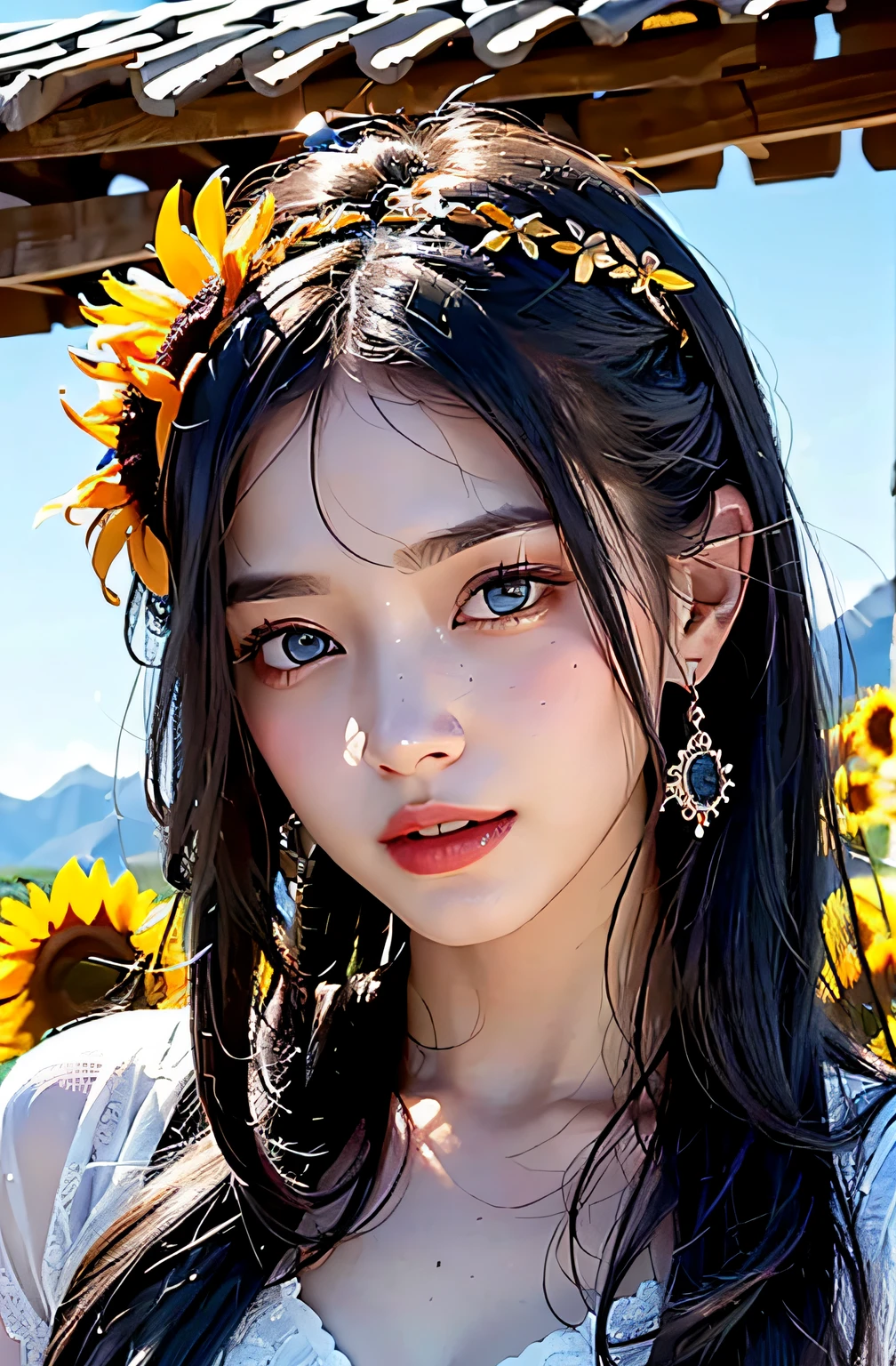 best qualtiy、masterpiece、photoRealstic、intricate-detail、Raw foto、Photon Rendering、Octane Rendering、absurderes、ultra-detailliert、A detailed face、Detailed skin、Trending in art stations、8K Masterpiece、lighting like a movie、( (1girl in))、((独奏) ))、CG Social Trends、Plastic En、((Black Long Hair))、((Beautuful Women))、(A smile)、Upper teeth、Fashionable、summer clothing、Hair that flutters in the wind、((Flowing hair))、fashion magazine、(A sexy)、((lighting like a movie))、((blue-sky))、((Sunflower hair ornament))、((mountain hut))、full bodyesbian、