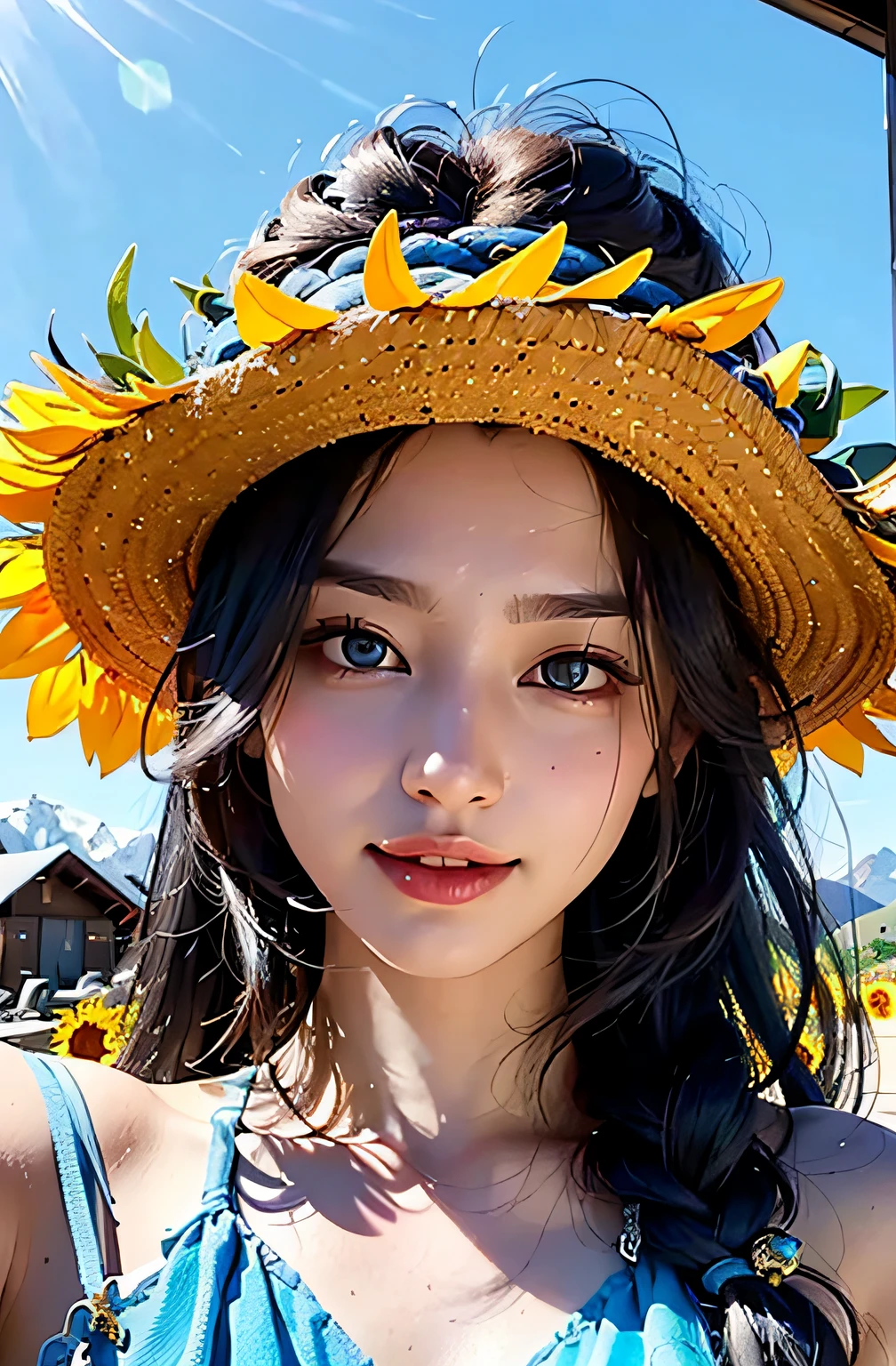 best qualtiy、masterpiece、photoRealstic、intricate-detail、Raw foto、Photon Rendering、Octane Rendering、absurderes、ultra-detailliert、A detailed face、Detailed skin、Trending in art stations、8K Masterpiece、lighting like a movie、( (1girl in))、((独奏) ))、CG Social Trends、Plastic En、((Black Long Hair))、((Beautuful Women))、(A smile)、Upper teeth、Fashionable、summer clothing、Hair that flutters in the wind、((Flowing hair))、fashion magazine、(A sexy)、((lighting like a movie))、((blue-sky))、((Sunflower hair ornament))、((mountain hut))、full bodyesbian、