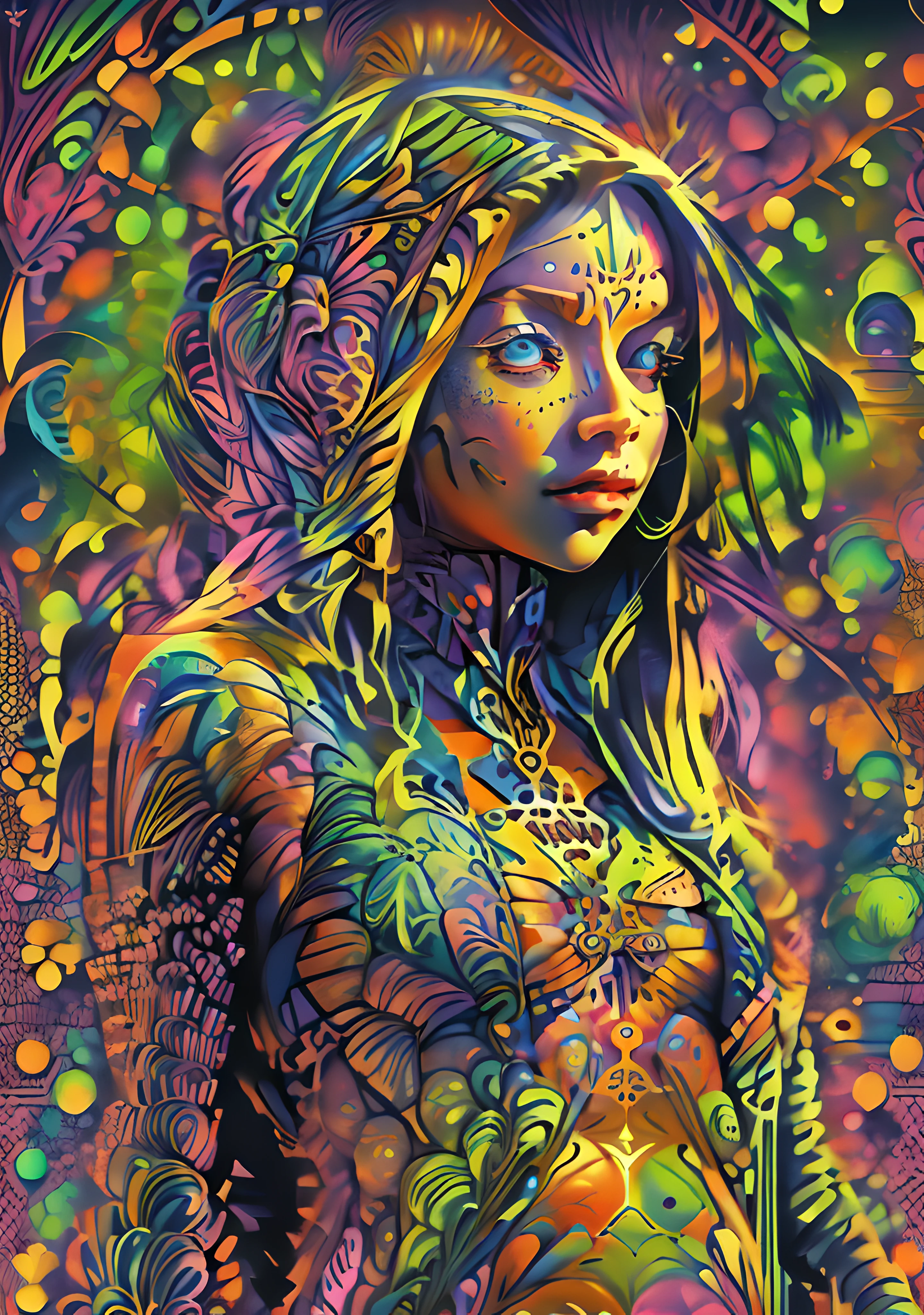 (High resolution, incredibly detailed, masterpiece), portrait of xenia ua, featuring fractal geometry in (vibrant colors:0.8), set against a (galactic background:1.2), bringing together complex, mesmerizing shapes and patterns.dmt .