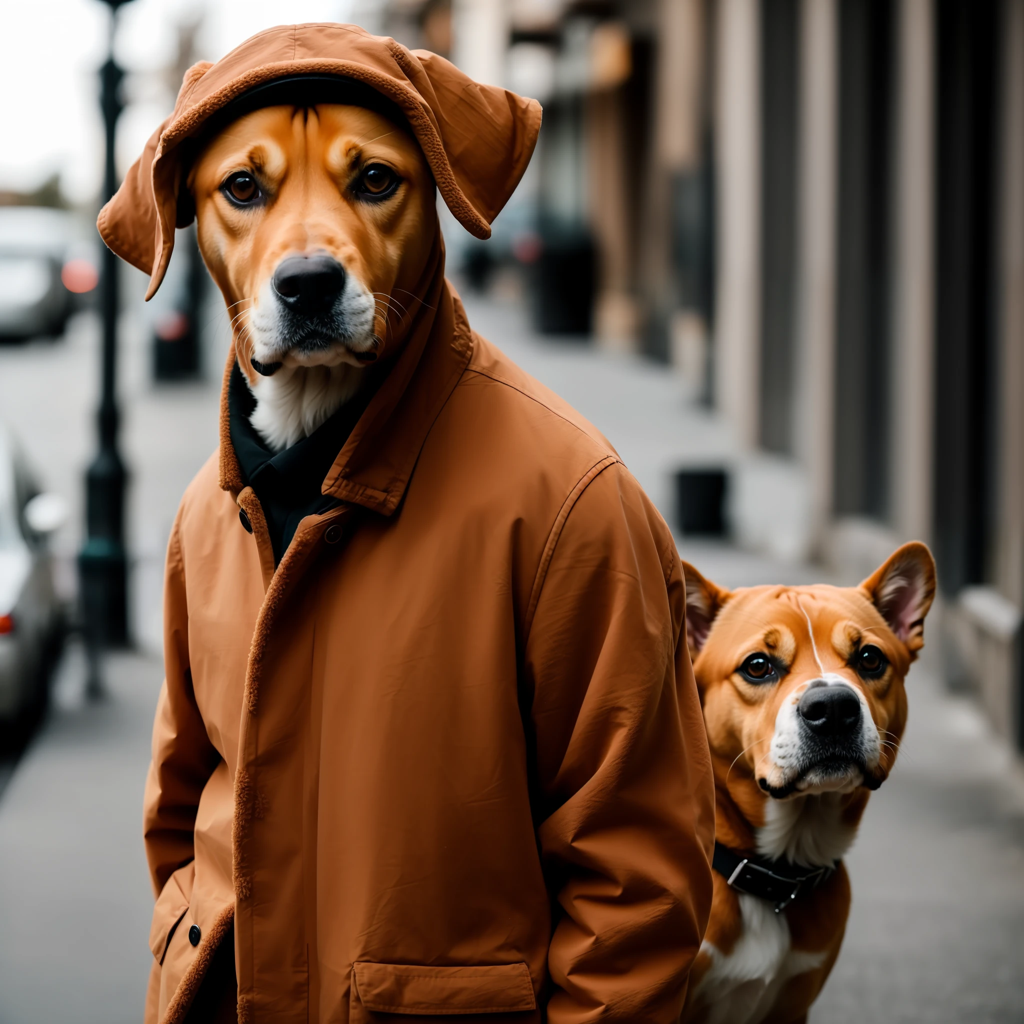 RAW photo, animal, a portrait photo of [man:dog:2] humanoid in clothes, face, 8k uhd, dslr, soft lighting, high quality, film grain, Fujifilm XT3