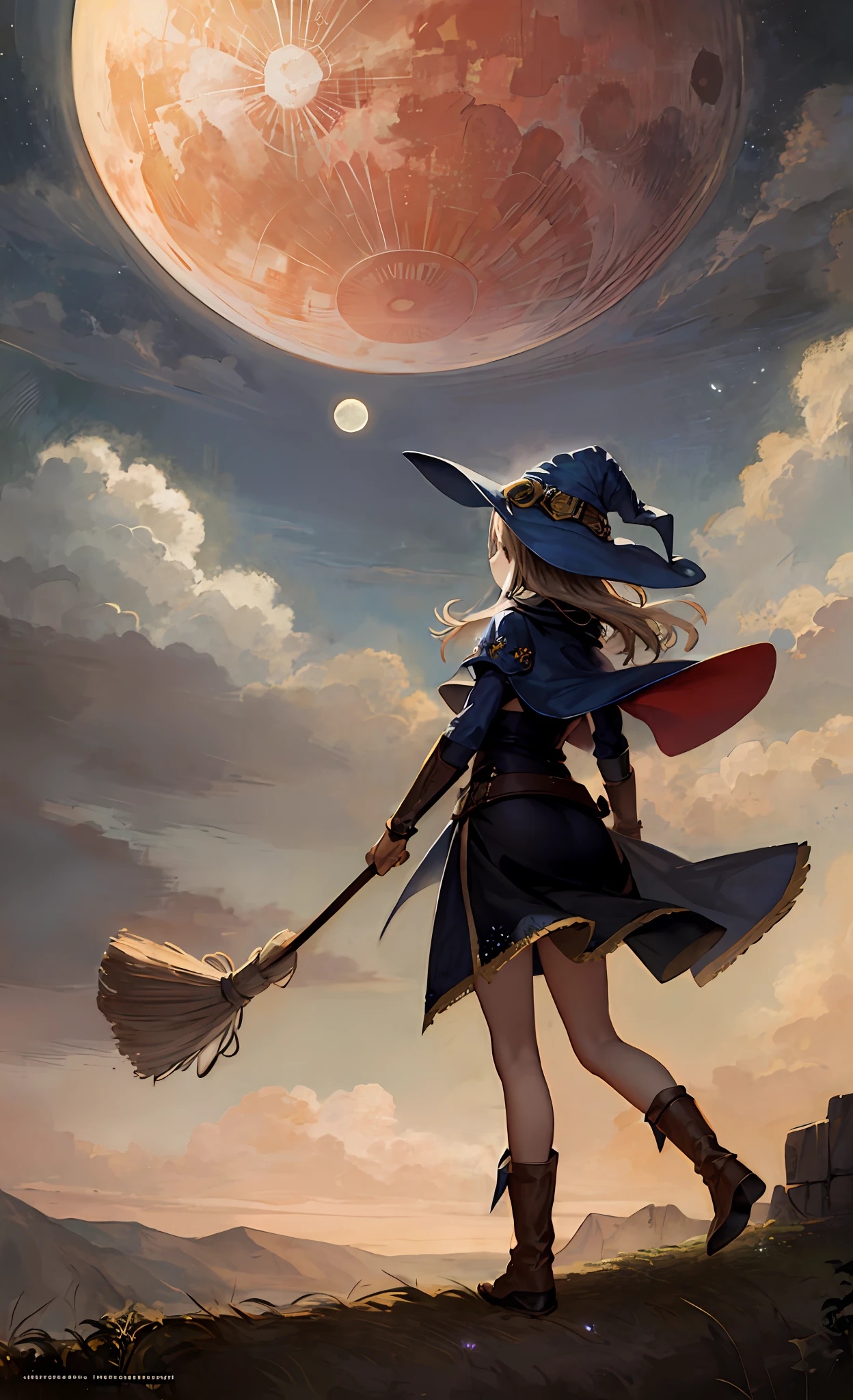 masterpiece, best quality, ultra-detailed, illustration, 1girl, solo, fantasy, flying, broom, night sky, outdoors, magic, spells, moon, stars, clouds, wind, hair, cape, hat, boots, broomstick, glowing, mysterious, enchanting, whimsical, playful, adventurous, freedom, wonder, imagination, determination, skill, speed, movement, energy, realism, naturalistic, figurative, representational, beauty, fantasy culture, mythology, fairy tales, folklore, legends, witches, wizards, magical creatures, fantasy worlds, composition, scale, foreground, middle ground, background, perspective, light, color, texture, detail, beauty, wonder.