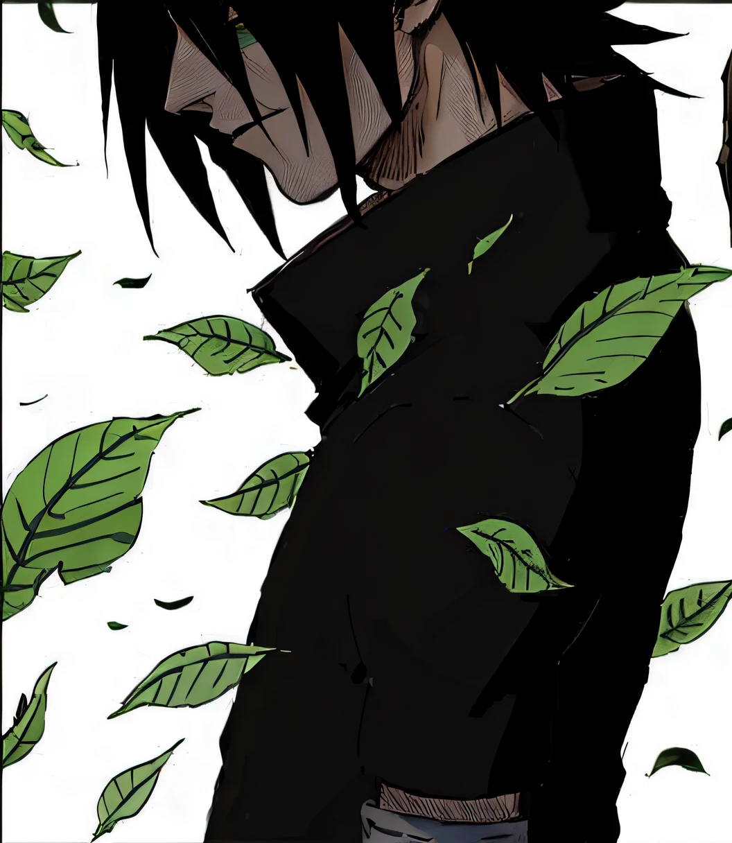 anime character with black hair and green leaves on his head, sasuke uchiha, Itachi, Itachi uchiha, dor de naruto, de naruto, Okata Kazuto., itatchi uchiha, coloured manga scan, madara uchiha, Close-up de corpo inteiro, estilo anime", inspired by Munakata Shikō, coberto de folhas