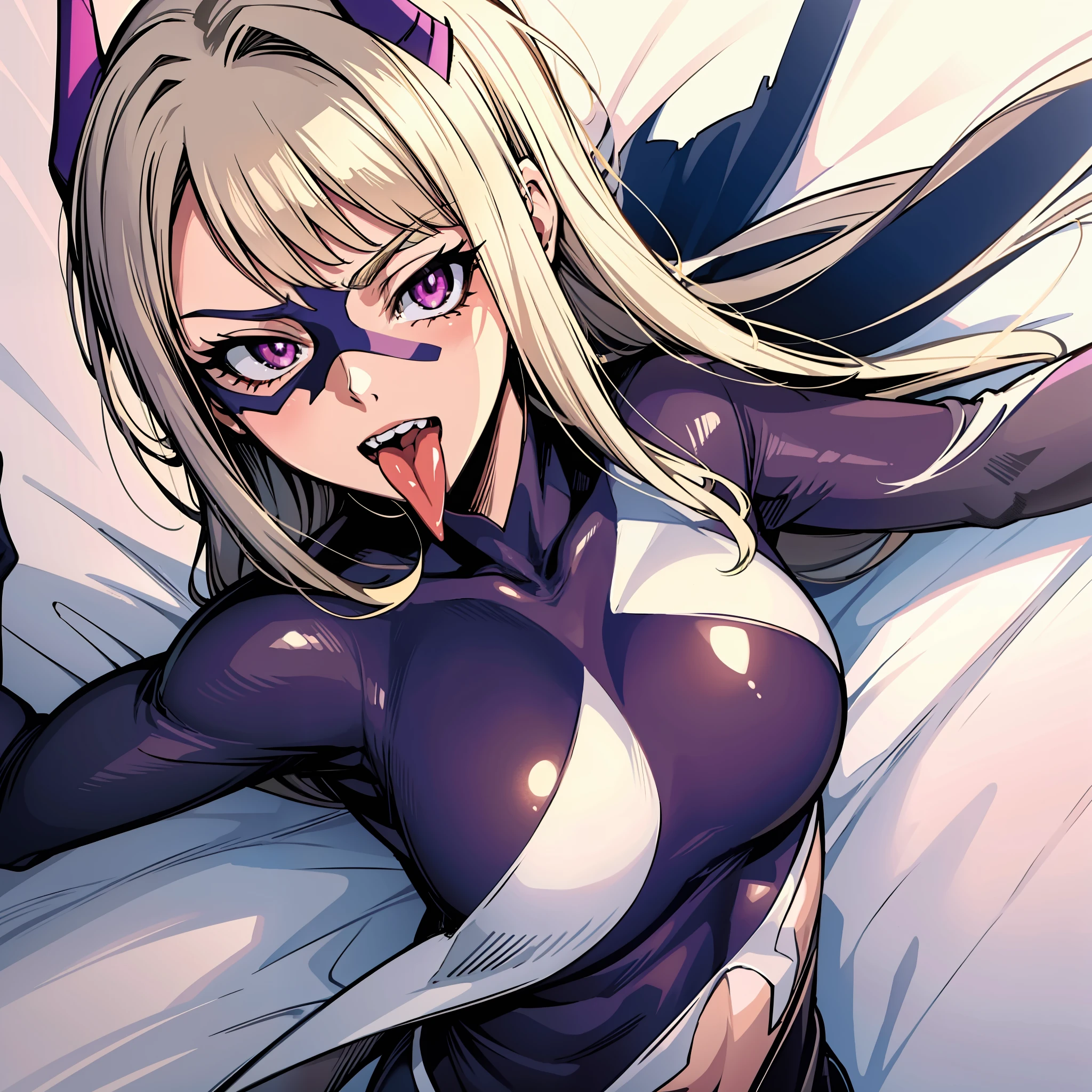 scan, (extremely detailed CG unity 8k wallpaper:1.1), highres, (1girl), mtladymha, boku no hero academia, long hair, blonde hair, horns, domino mask, bodysuit, large breasts, purple eyes, sunlight, ambient light, on the bed, looking at viewer, upper body, perspective from above, tongue out of mouth
