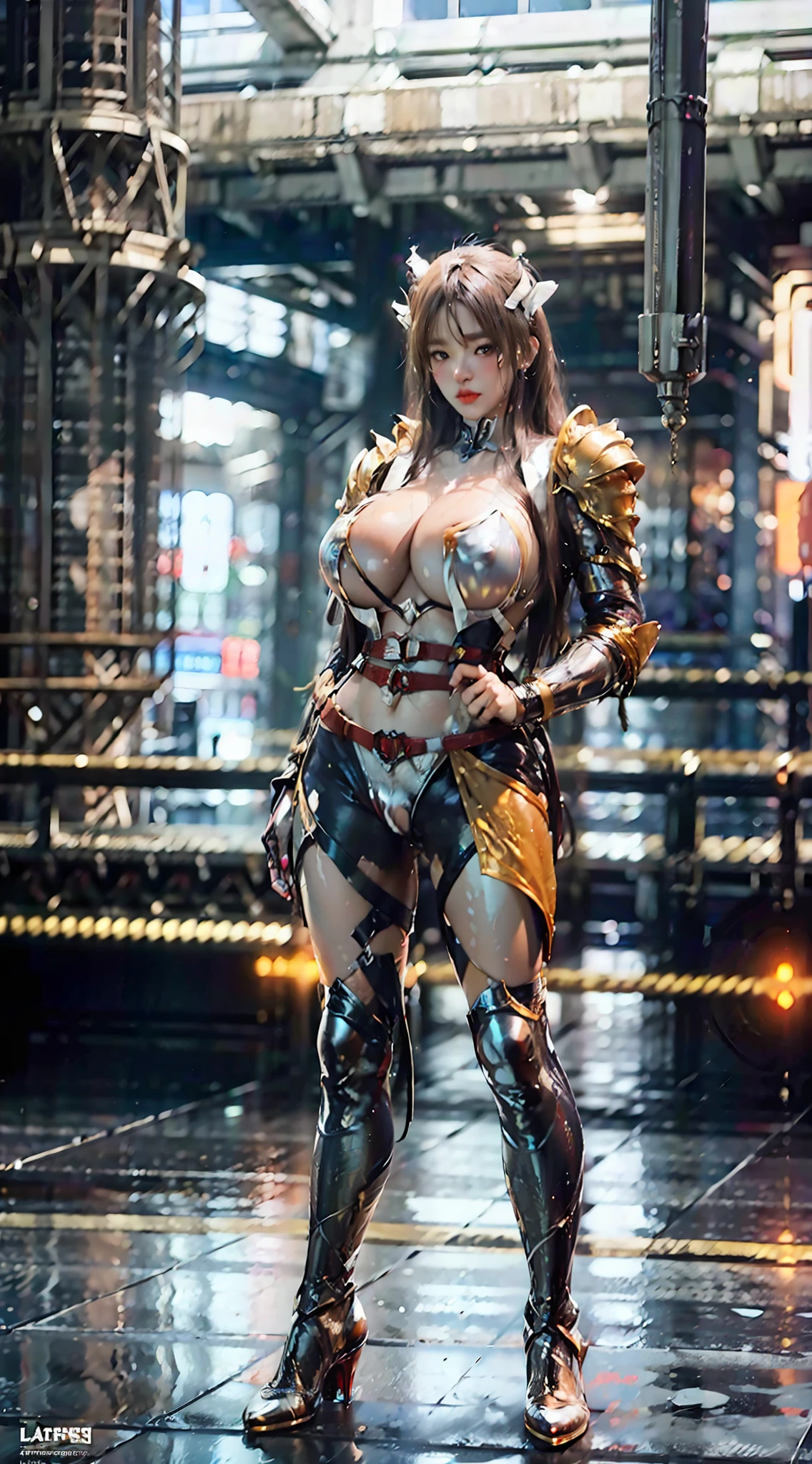 ((Unreal Engine 5)), Realistic Rendering, Excellent, lights on armor, Cloak, helm, (Yoga Pants), looking on viewer, posing walkdown on street, beautiful face, makeup, (photorealism:1.2), ultrarealistic uhd face, (huge fake boobs:1.4), (gigantic breasts:1.1), (muscle abs), (big butt), (wide hips), (thick thighs), slim waist, hourglass figure, half body, ((glowing skin)), ((shiny skin)), Realistic body, ((she is sexy)), ((clean skin)), photorealistic, bokeh, motion blur, masterpiece, highres, 1080P, super detail, textured skin