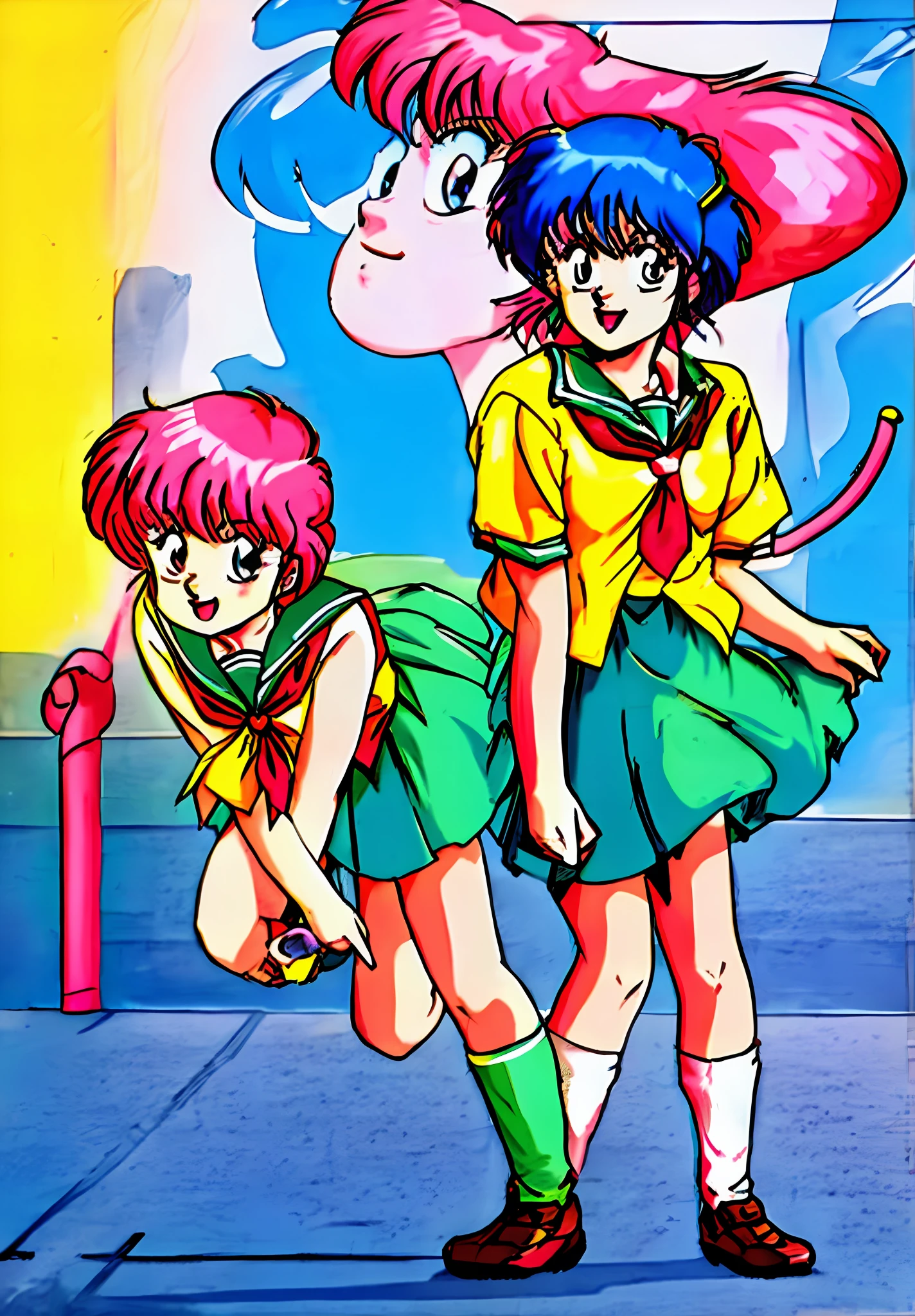 80's anime design、hi-school girl、Pink short bowl hair、Large, slightly vertical eyes,、Wide open inverted triangle mouth、a small nose、Yellow-green blazer、Yellow-green pleated skirt、Red Ribbon Tie、Odd noodles、Cute smile、小柄、full-body view、Yui Kawakawa