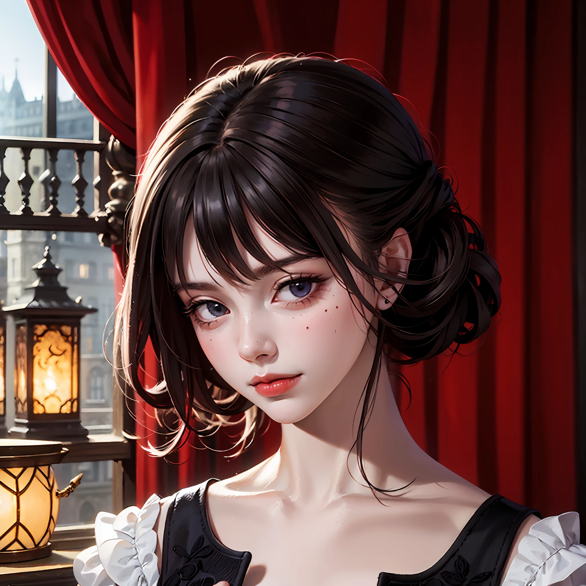 ((high quality)), ((masterpiece)), 8k, 1 girl, white skin, purple eyes, like a doll, mysterious smile, extremely detailed CG unity 8k wallpaper, light pink lips, looking at viewer, Victorian costume, long black dress, full body, high heels, aristocracy, short and bouncy white hair, small mole under left eye corner, romantic eyes, 19th century London, surrounded by ashes, realistic lighting, backlight, face lights, fine detailed eyes, detailed face, fine quality eyes, no smile, gloomy atmosphere