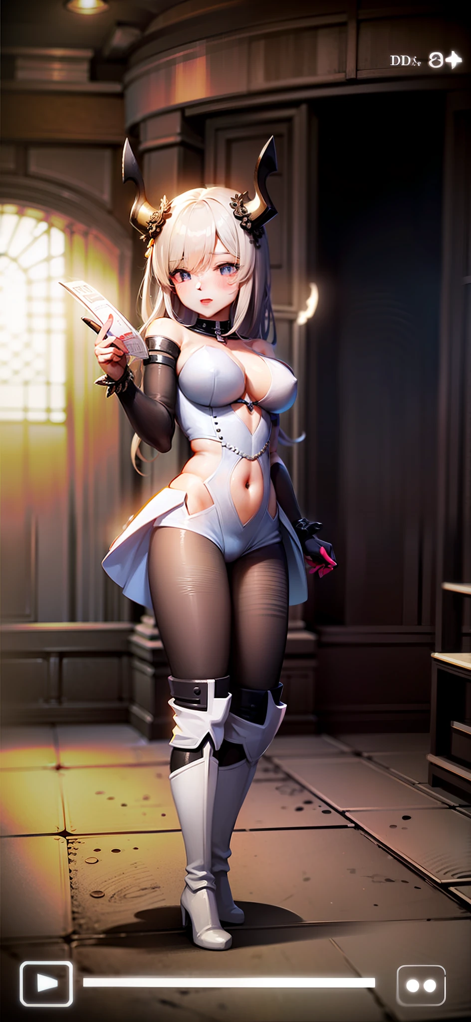 Eu crio uma obra de arte, retrato da personagem Megellda do anime 7DS, destacando seu umbigo exposto, mostrando a barriga, com curvas sexy, dentro de uma casa.
