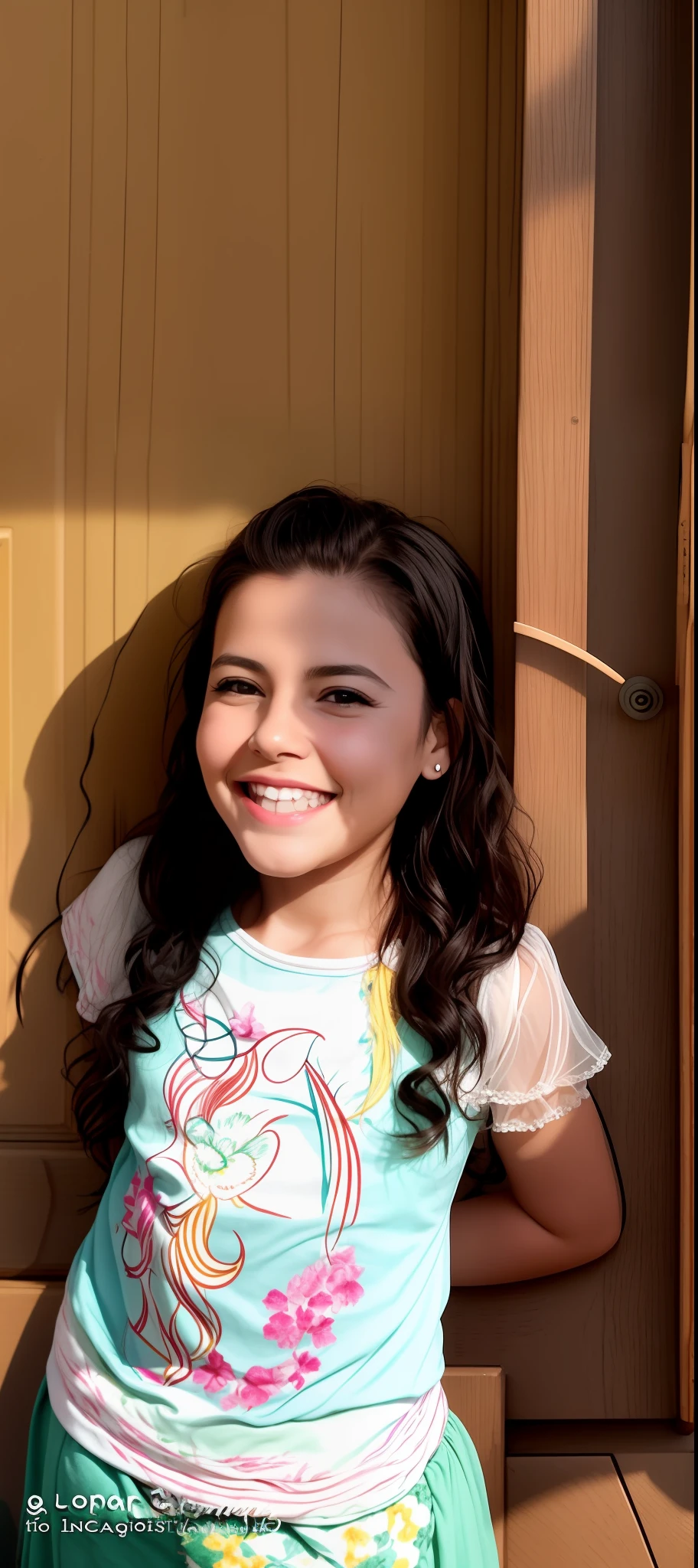 There's a young woman in front of a door, Directed by: Nandor Soldier, 2 anos, Alanis Guillen, she is smiling and happy, by Amelia Peláez, quatro anos, she is smiling and excited, 5 anos, 4 anos de idade, Violeta Myers, Foto realista, Lorena Avarez, She is grinning