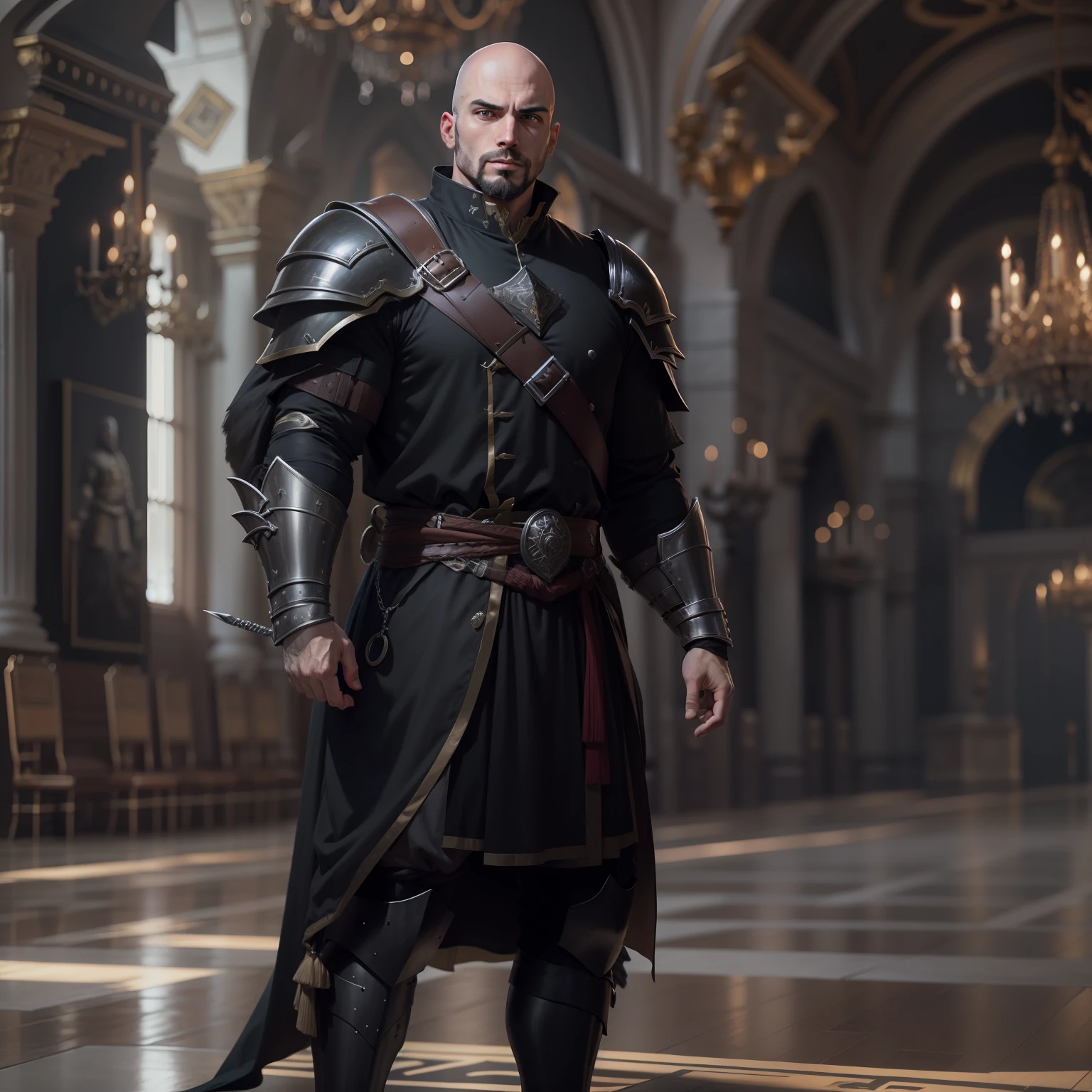 Realistic image of a strong, bald, goatee-wearing 30-year-old man, dressed in black rpg warrior attire with silver shoulder pads, standing in a large hall of a royal palace