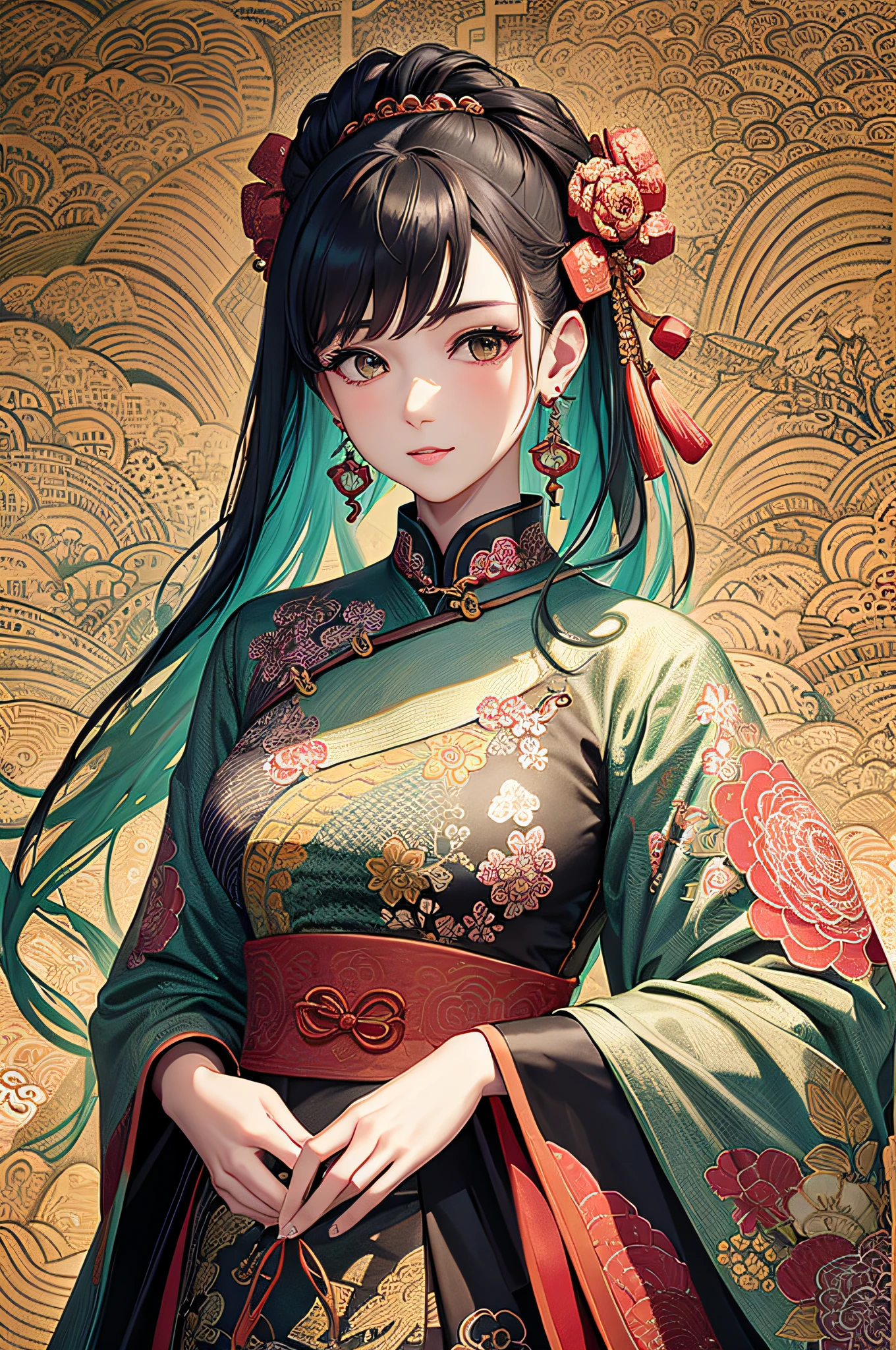 wearing green，Hold the piano in your left hand，gazing at the camera，Bust photo，（tmasterpiece，top Quority，best qualtiy，offcial art，Beauty and aesthetics：1.2），（1girl：1.3），The is very detailed，（s fractal art：1.1），（a color：1.1）（blossoms：1.3），Most detailed，（ zentangle:1.2), (dynamic pose), (abstract background:1.3), (chinese Traditional cloth:1.2), (shiny skin), (many colors:1.4), ,(earrings:1.4),