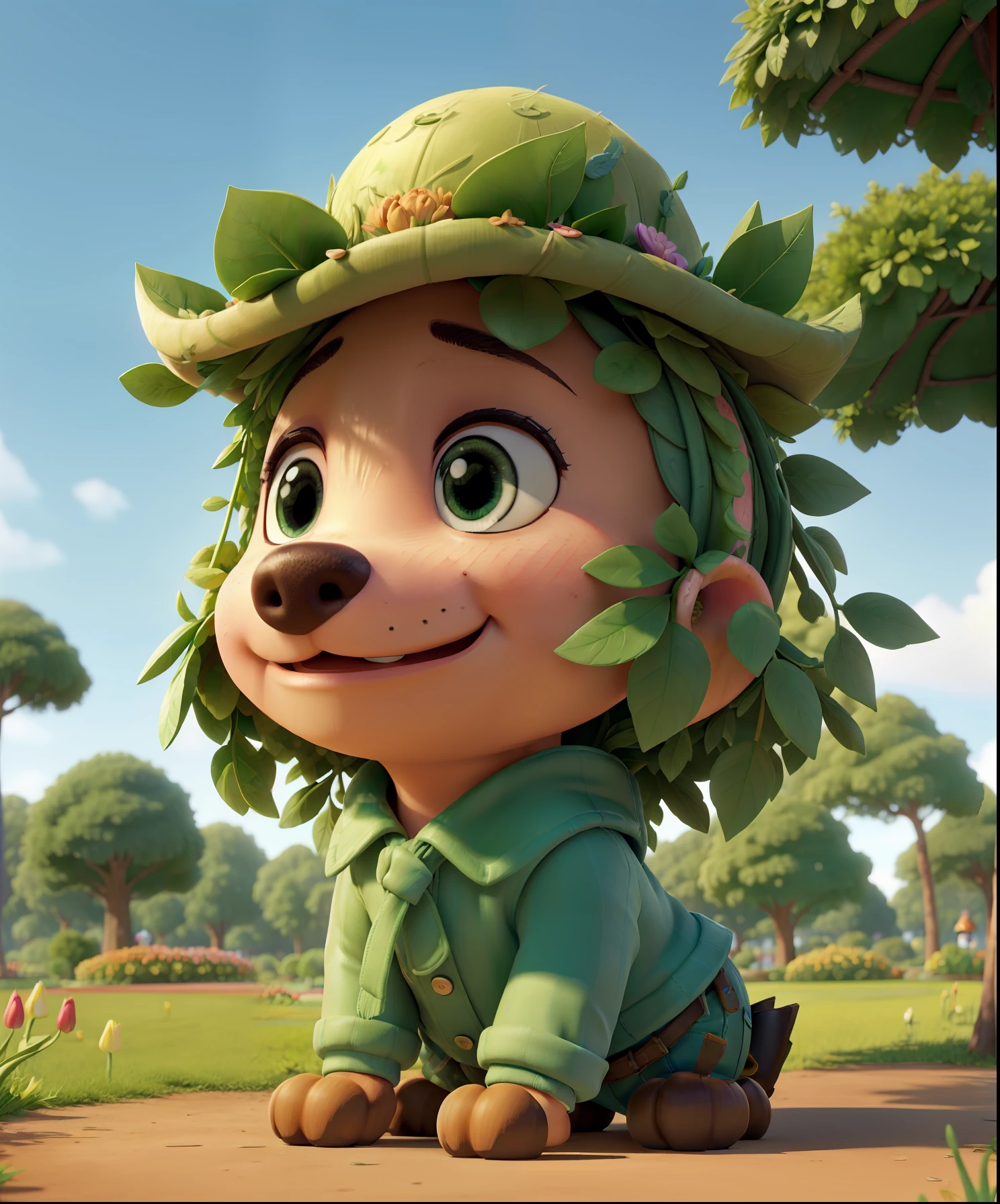 (Cute puppy:1.2), ssmile, Bushy smooth coat、personification, Mushroom cap on the head, rendered:(charicature:1.3,Production Movie, the pose:(Lively:1.2, amusing), modeled:(ultra-quality:1.2,8K,Orthographic view),tulips, blue-sky, for the background(A park full of greenery:1.1),｛Complex and ultra-detailed, Giuseppe Arcimboldo｝