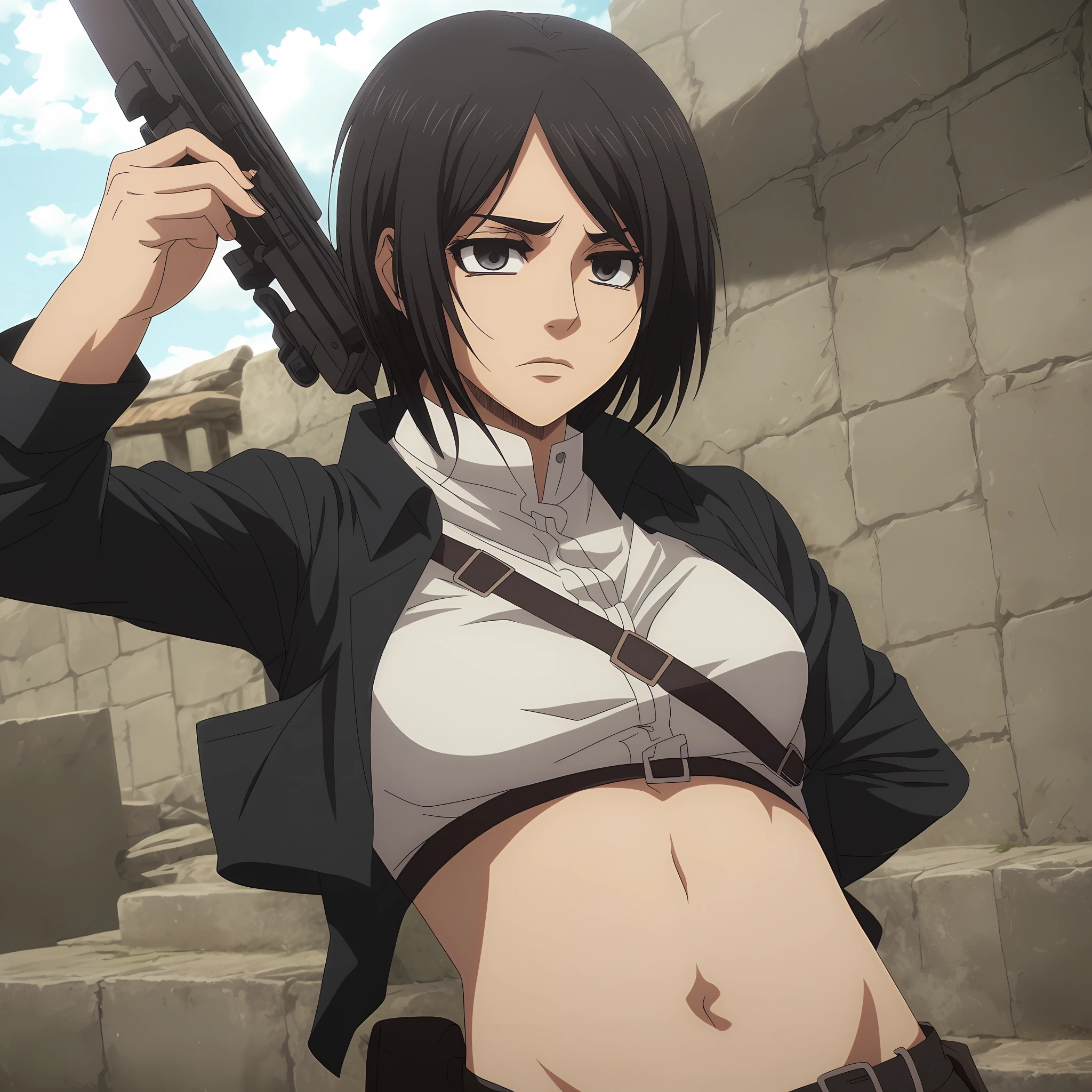 Mujer, Mikasa Ackerman, estilo Attack on Titan, Arte oficial Shingeki no Kyojin, corte de pelo corto, (cabello negro: 1.3), Mirandote, scowling, patillas, flequillo negro con cabello negro en la frente, pelo muy corto, camisa negra ajustada con cuello de tortuga, pechos grandes, ropa ajustada, cuerpo tonificado, cara fina con ojos de cazador, Altas Resoluciones, pelo corto, ojos grises, cuello, emblema, beltt, Correa para el muslo, Cuello negro, pantalones blancos, mangas largas, Sosteniendo un arma, espada, Al aire libre, Asian eyes and nose up, Cuello negro, cuello, solamente, labios, solamente, obra maestra, Plano medio, retrato, Altamente detallado, mejor calidad, calidad 8k