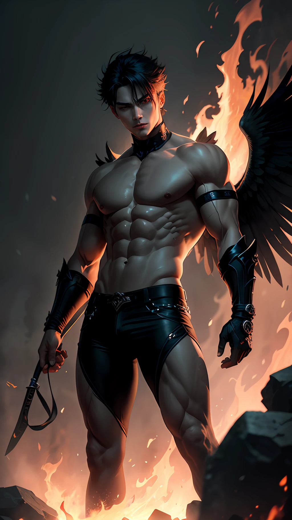 a male angel of darkness, red eyes, black wings, slender and masculine appearance, bands of dark light over his body from head to toe, fire scene, total darkness, dark scenery, dark --auto