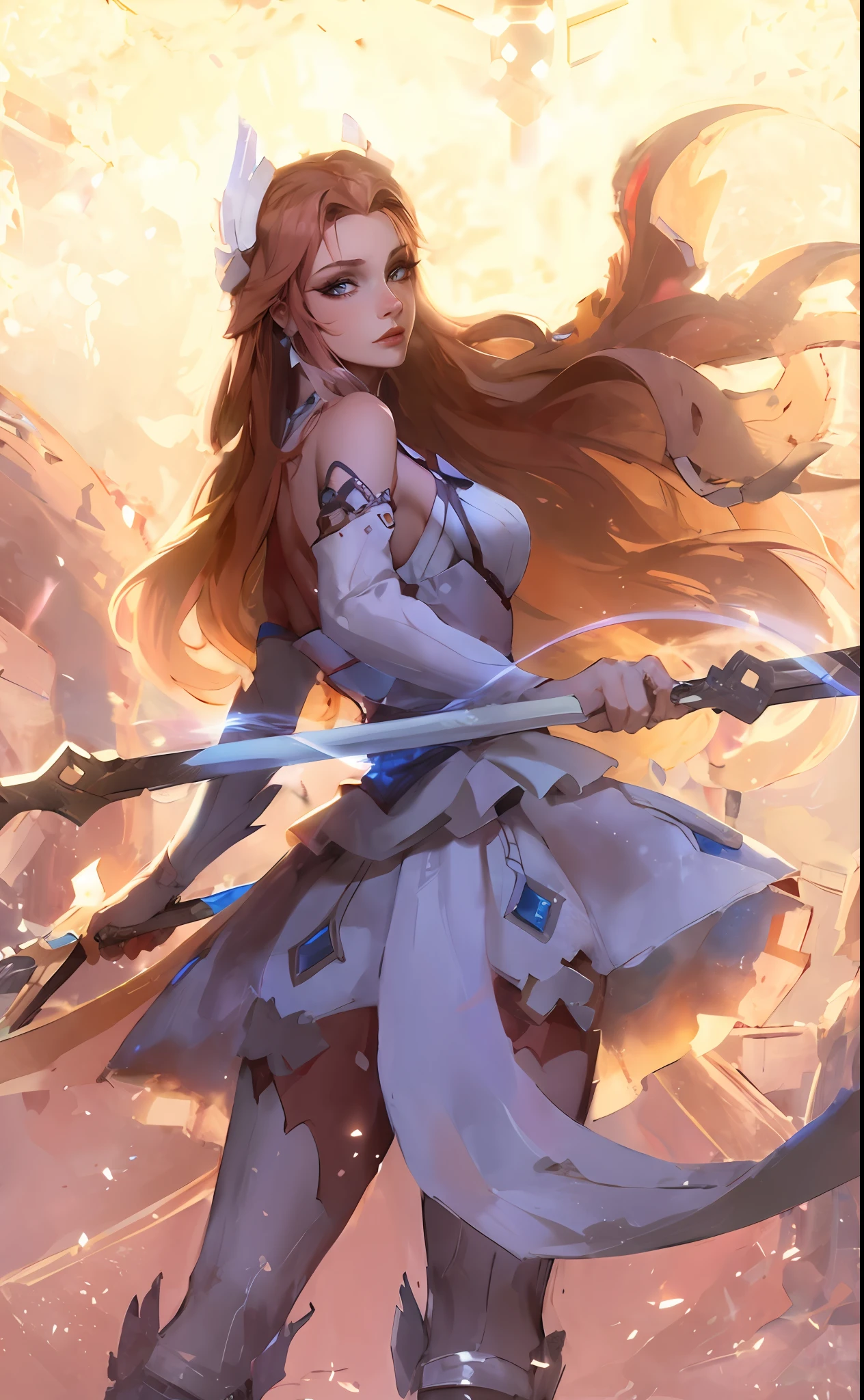 1girl, parte superior do corpo de paladino bonito em armadura dourada,  olhando para cima, cabelo branco soprado pelo vento, olhos azuis brilhantes, noite, particuls, volumeric lighting, melhor qualidade, obra-prima, muito detalhado, trending in artstation, realista