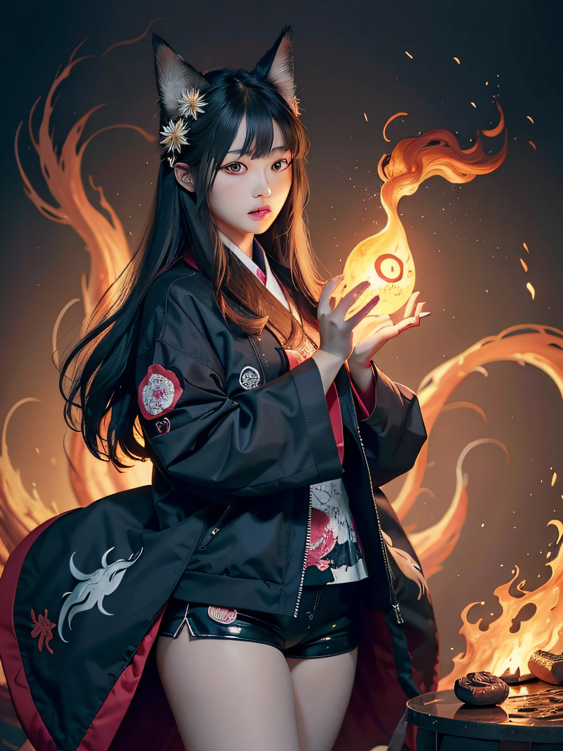 1girl，独奏，offcial art，统一 8k 壁纸，ultra - detailed，Beauty and aesthetics，tmasterpiece，best qualtiy，realisticlying，（abstract backgrounds）（zentangle，datura，Tangles，Tangle background：0.7）Kitsune，kitsune mask，Haori jacket，Foxfire spell, The fox makes the devil, deformation, depth of fields, Fantastic atmosphere, The most beautiful forms of chaos, ellegance, Fauvistdesign, Flower of Death, Flowers of Ecstasy Little Girl