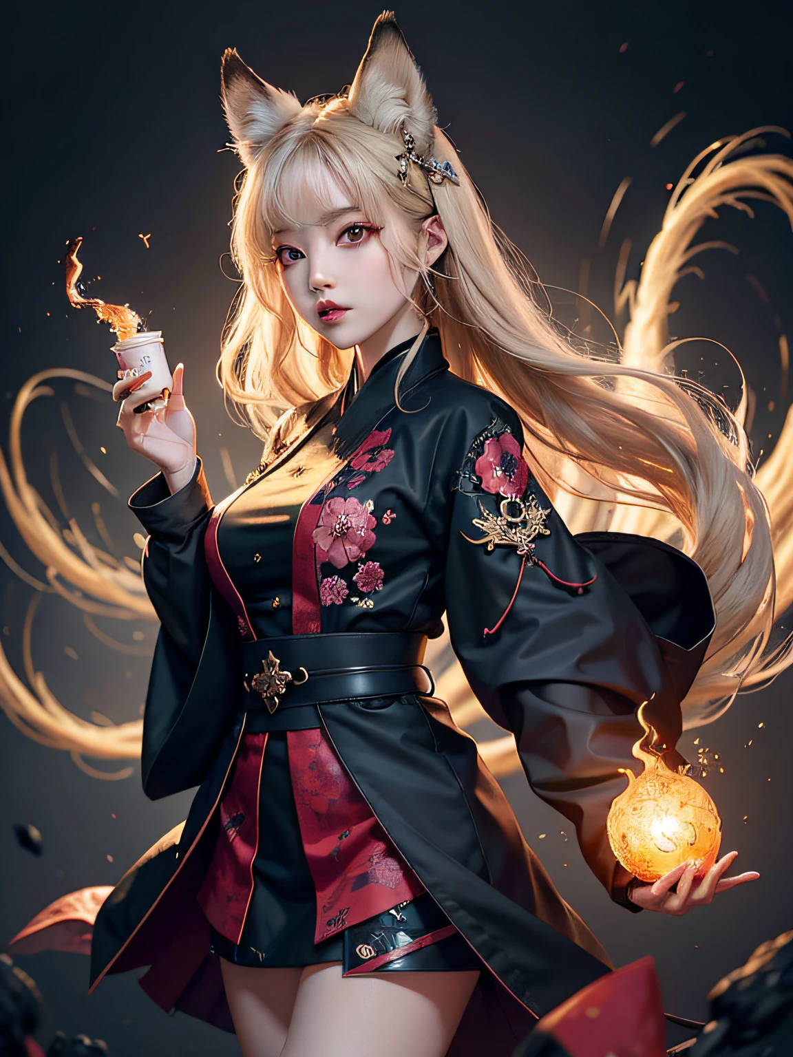 1girl，独奏，offcial art，统一 8k 壁纸，ultra - detailed，Beauty and aesthetics，tmasterpiece，best qualtiy，realisticlying，（abstract backgrounds）（zentangle，datura，Tangles，Tangle background：0.7）Kitsune，kitsune mask，Haori jacket，Foxfire spell, The fox makes the devil, deformation, depth of fields, Fantastic atmosphere, The most beautiful forms of chaos, ellegance, Fauvistdesign, Flower of Death, Flowers of Ecstasy Little Girl
