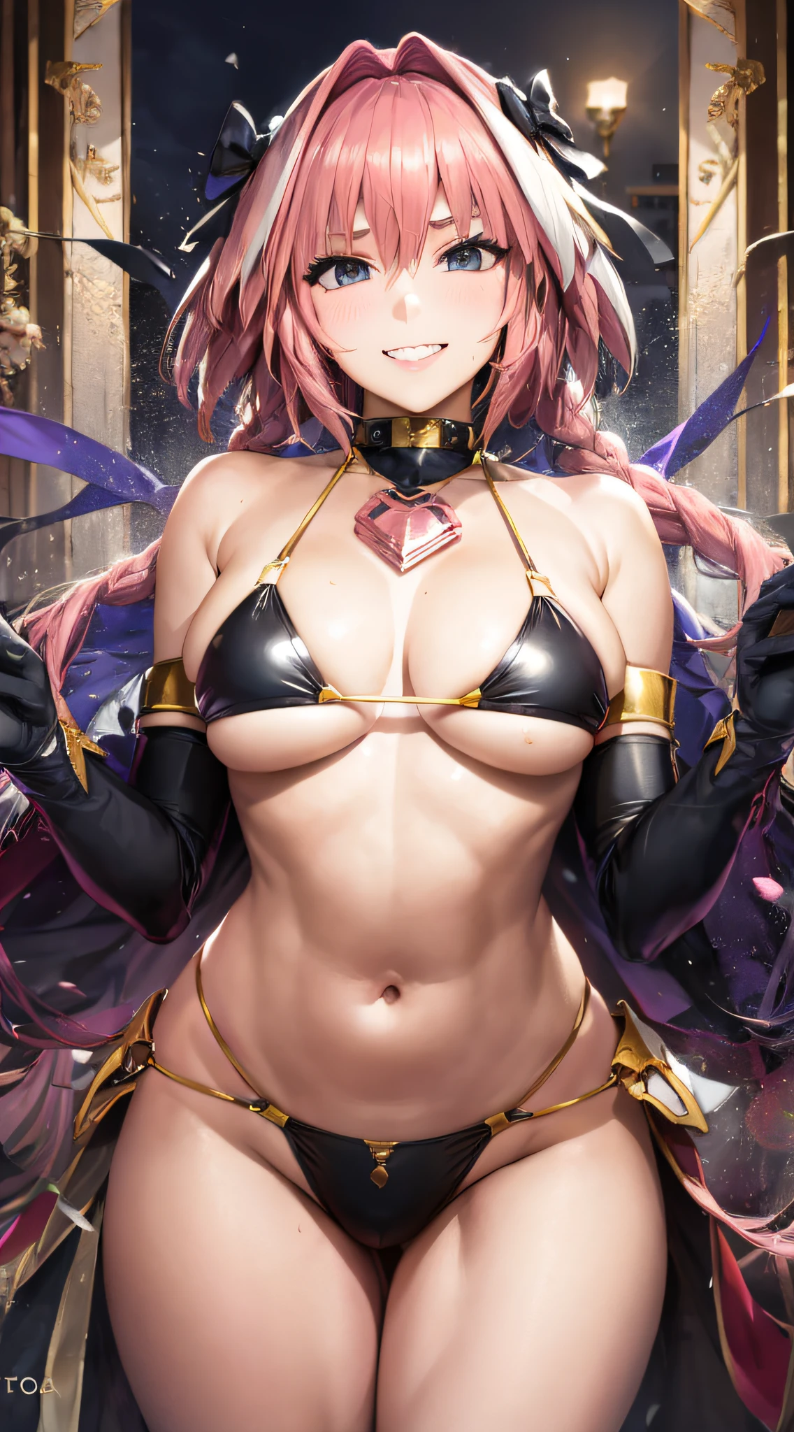 1girl, solo, bispo Lynette, seios enormes, tonificado, cintura estreita, quadris largos, cintura fina, figura ampulheta, sorriso sedutor, (astolfo \(destino\):1.1), cabelp rosa, mid hair, cabelo estriado, ornamento de cabelo, Olhos roxos, Recorte de decote, bikini armor, grande volume na calcinha , cavaleiro, protógeno intersexo grande