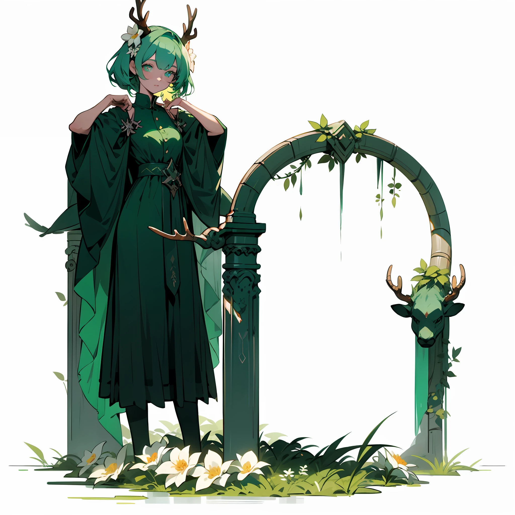 Masterpiece, Superb Painting, Blazing green, Green dress, 1girll, Cute, (Dynamic light: 1.2), Cinematic light, Detailed eyes, Sharp pupils, Realistic pupils, Depth of field, Background bokeh, Clear focus, (Ultra detail, Halo, Glow: 1.4), hair flower, Horns, deer antlers, Rococo style,Anime style,full body stand, 1girl in a field of green plants and flowers