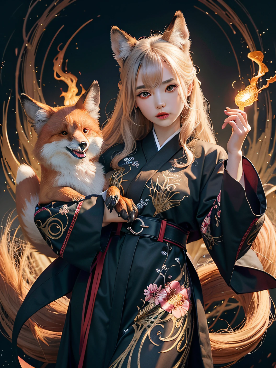 1girl，独奏，offcial art，统一 8k 壁纸，ultra - detailed，Beauty and aesthetics，tmasterpiece，best qualtiy，realisticlying，（abstract backgrounds）（zentangle，datura，Tangles，Tangle background：0.7）Kitsune，kitsune mask，Haori jacket，Foxfire spell, The fox makes the devil, deformation, depth of fields, Fantastic atmosphere, The most beautiful forms of chaos, ellegance, Fauvistdesign, Flower of Death, Flowers of Ecstasy  Girl