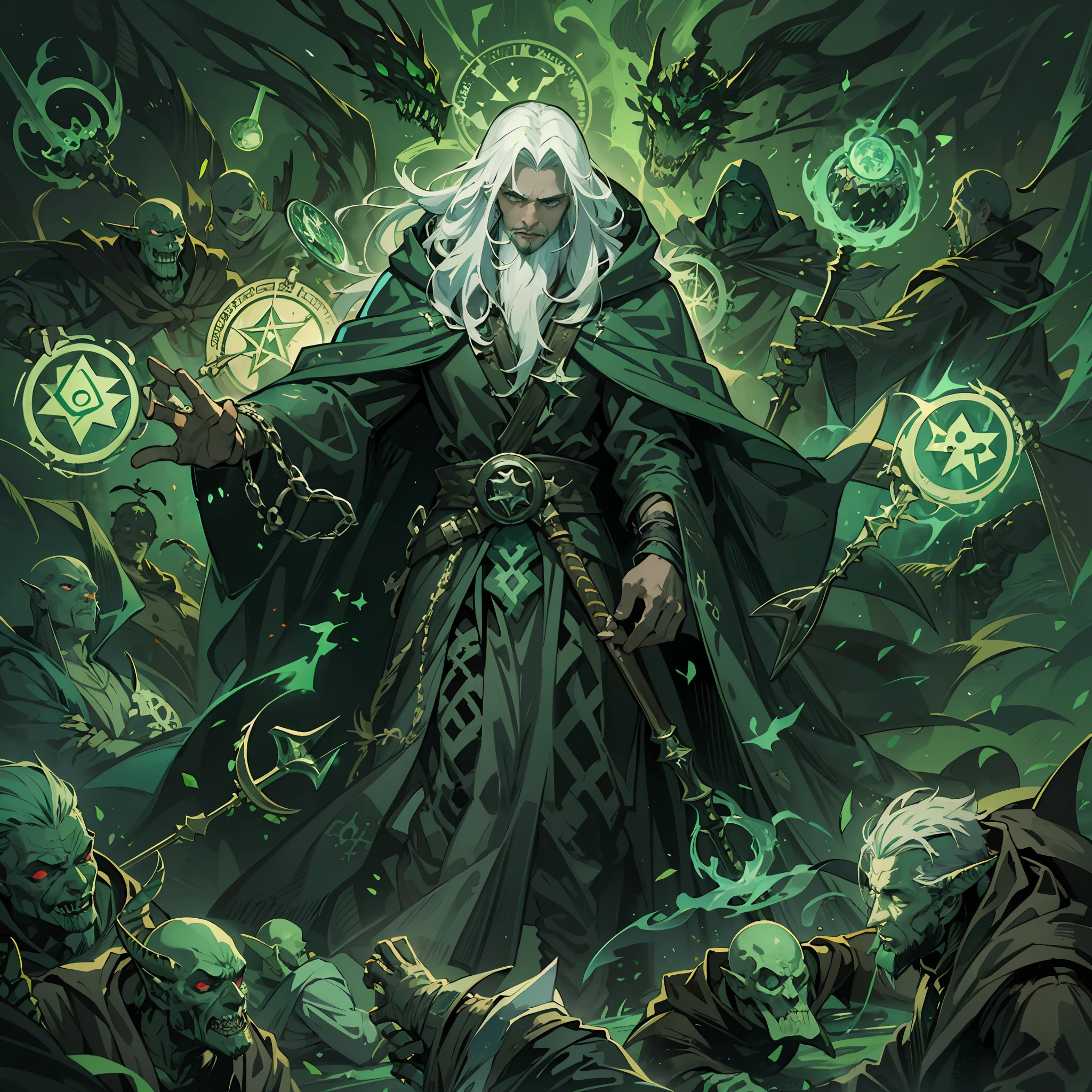 green and black, a man surrounded by nightmares, cosmic horror, 1 warlock, stout and bent, human Gul'dan, witch's staff on the back, long white hair, with goatee, warlock cloak, with green magical effects on the body, magical runes, green skin, necromancer
