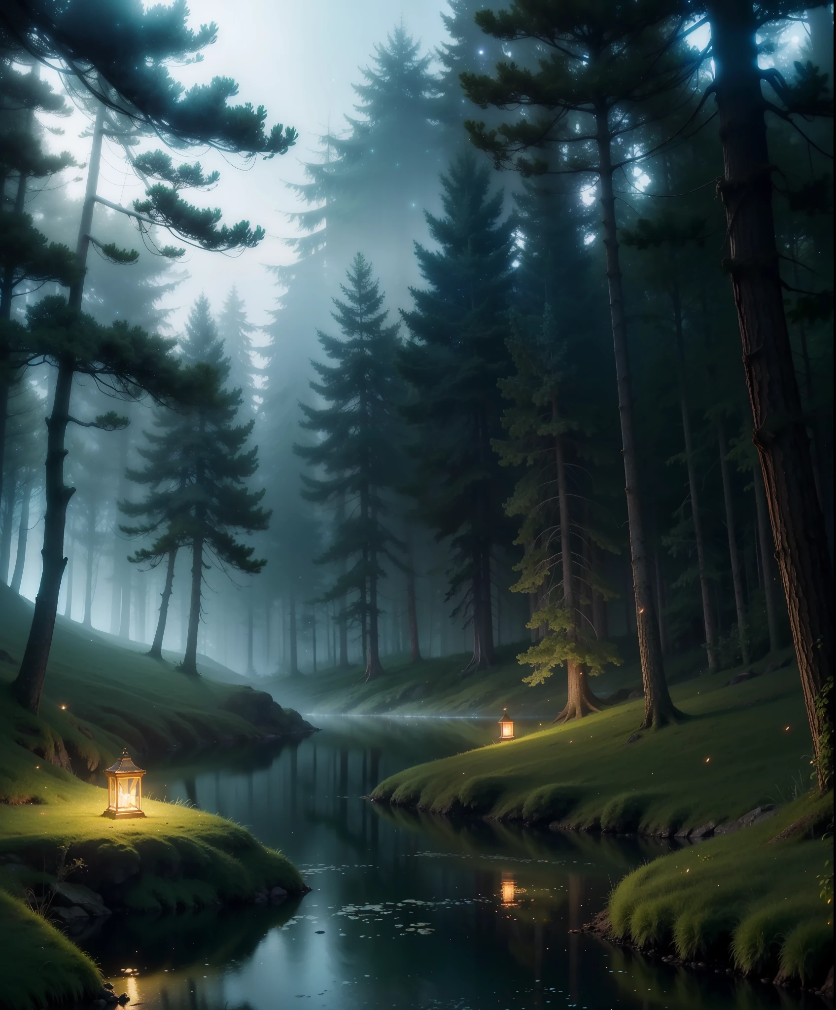 mystical scene, volumetric lighting, Beautiful, forest, water, stars, foggy, fireflies, matte, photograph