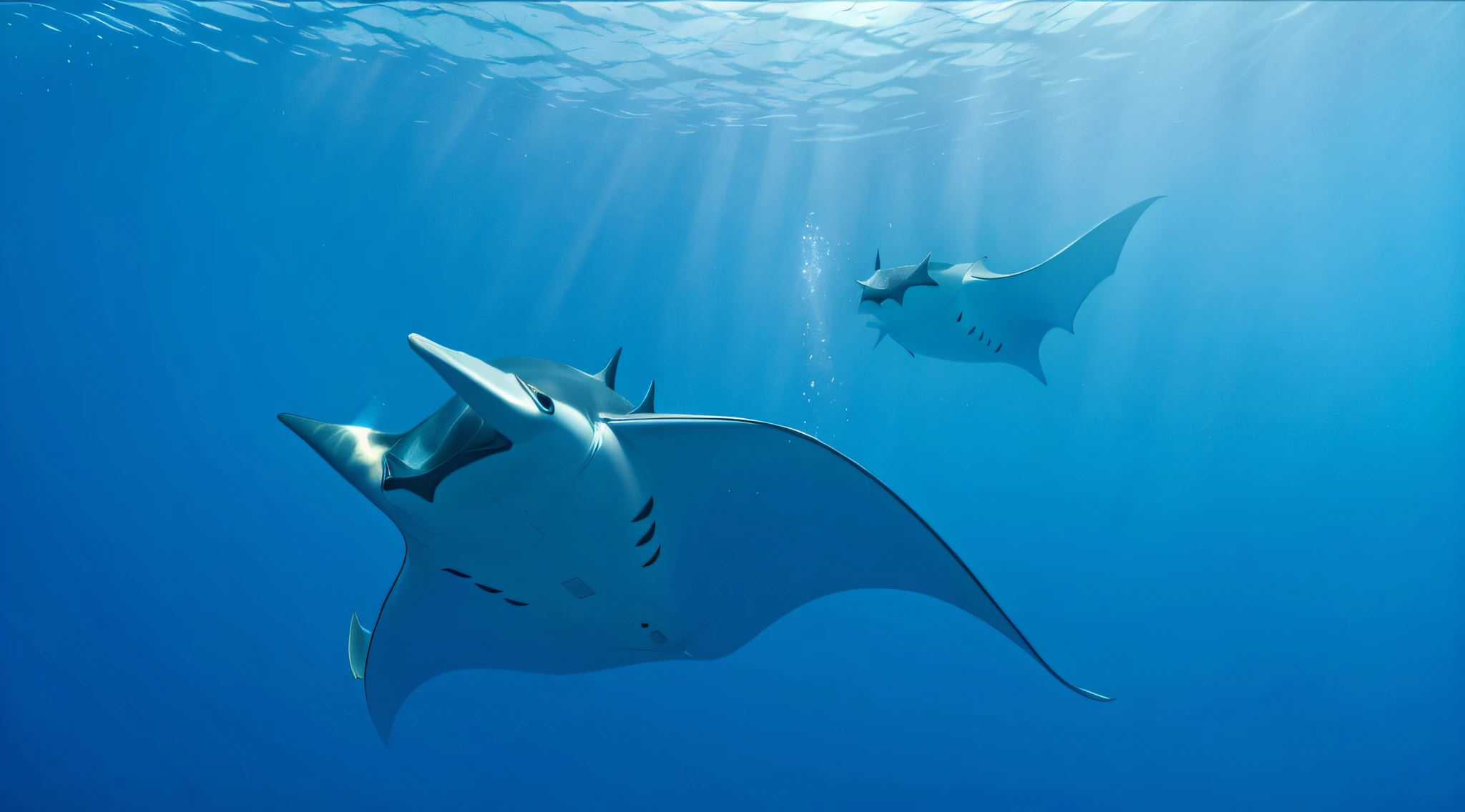 There are two manta rays swimming together in the ocean, manta, author:Robert Jacobson, stingray, Rays, Ray, Volumetric ghost rays, Demon Rays, Spirit rays, rays of moonlight, manta ray made of pancake, abzu, stingray, ocean giant creature bloop, amazing depth, true realistic image, bryan skerry, Ocean, author:Hans Werner Schmidt