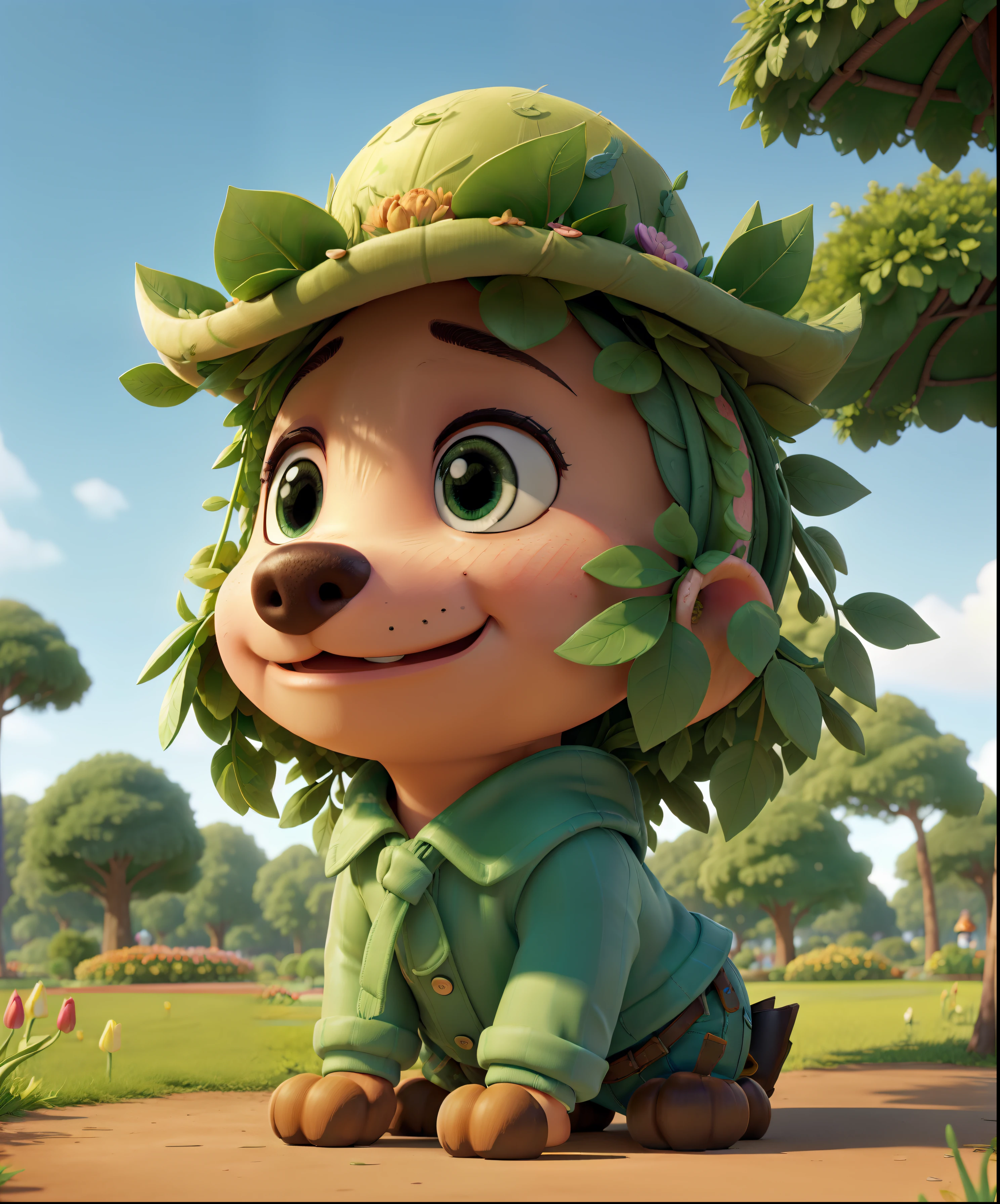 (Cute puppy:1.2), ssmile, Bushy smooth coat、personification, Mushroom cap on the head, rendered:(charicature:1.3,Production Movie, the pose:(Lively:1.2, amusing), modeled:(ultra-quality:1.2,8K,Orthographic view),tulips, blue-sky, for the background(A park full of greenery:1.1),{Complex and ultra-detailed, Giuseppe Arcimboldo}