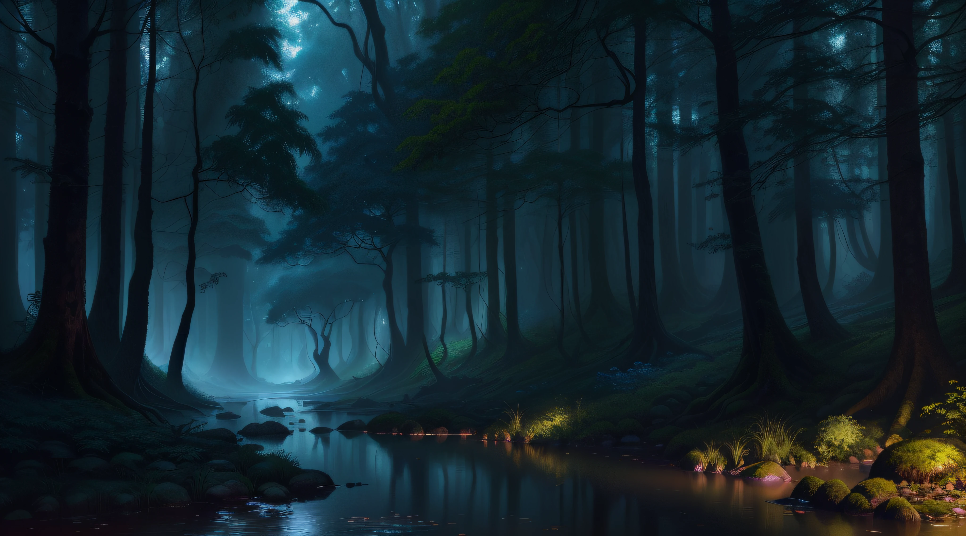 There is a stream running through a forest with a forest in the background, inspirado em Andreas Rocha, 8k resolution digital painting, 8k resolution digital painting, desenho florestal elegante, cena noturna tranquila da floresta, Arte de fantasia enevoada mal-humorada, Pintura digital de fantasia, Pintura digital fosca 4K HD, arte de fundo, ambiente florestal ao luar, mystical forest lagoon, Pintura digital 8k