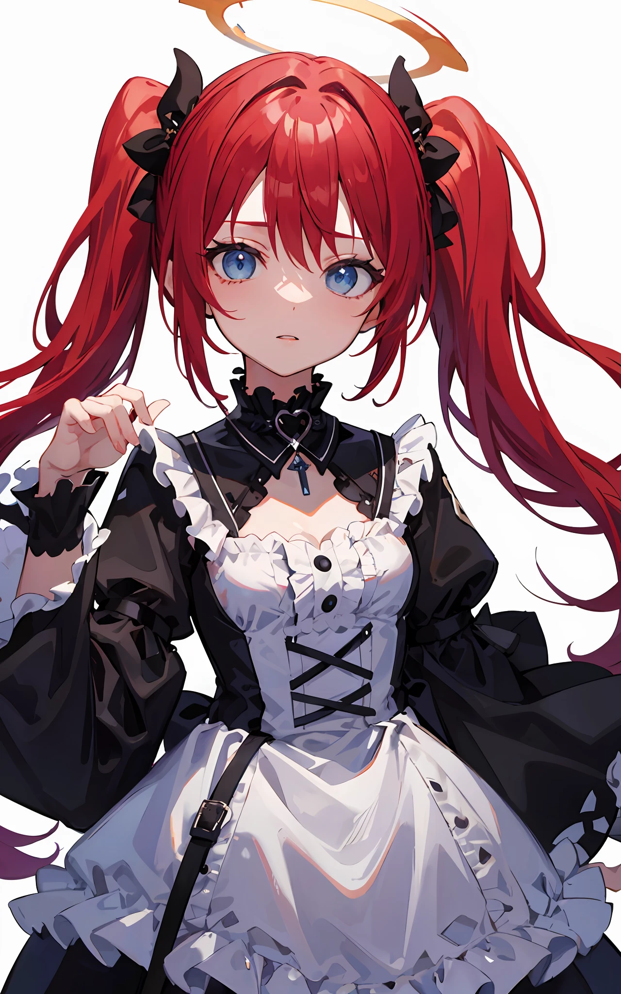 {{best quality}}, {{masterpiece}}, {{ultra-detailed}}, {illustration}, {detailed light}, Red hair, Blue eyes, twintails, Goth Lolita, Darkgoth, Collar,Crown tiara,pride,solo,loli,Long hair, halo