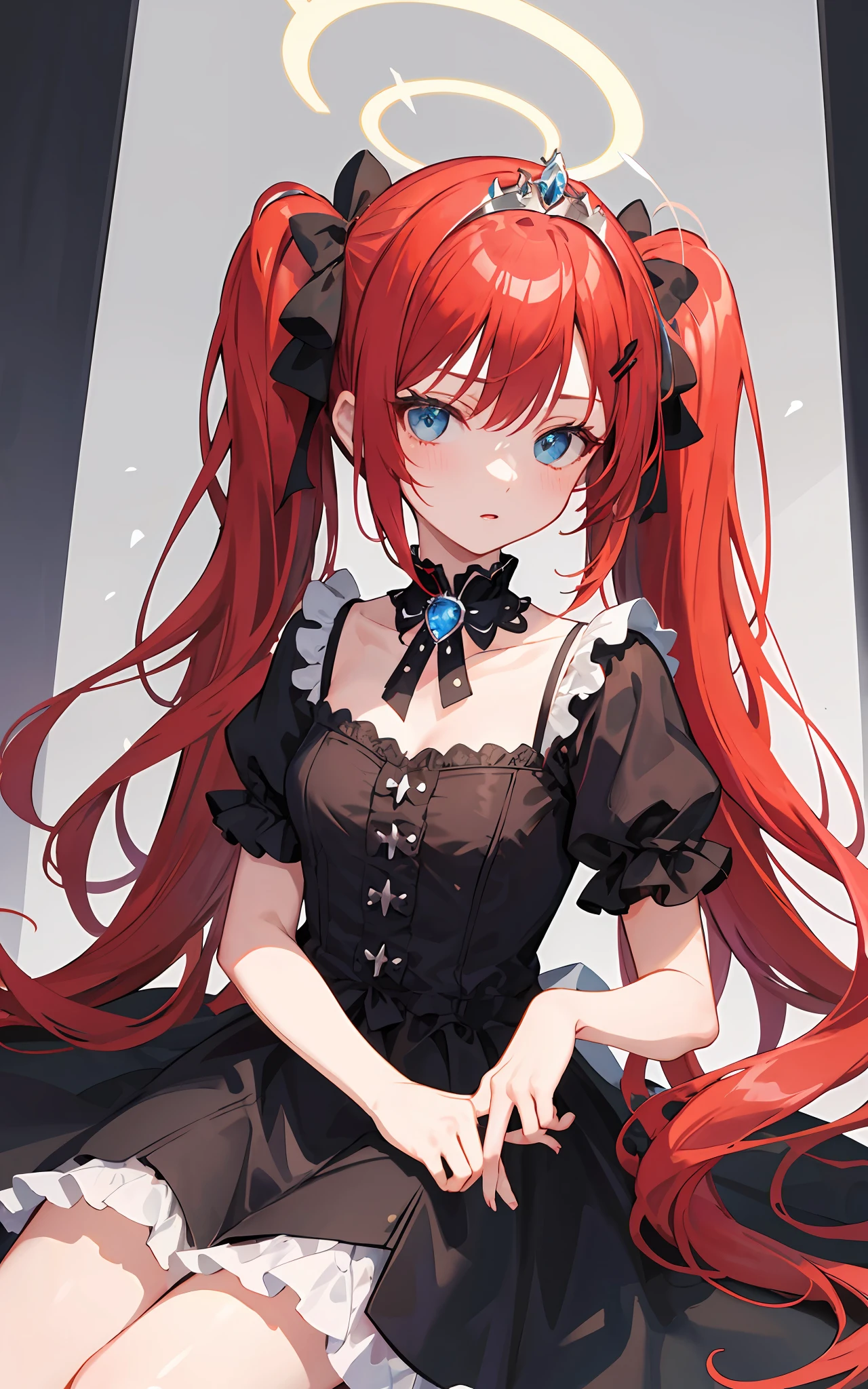 {{best quality}}, {{masterpiece}}, {{ultra-detailed}}, {illustration}, {detailed light}, Red hair, Blue eyes, twintails, Goth Lolita, Darkgoth, Collar,Crown tiara,pride,solo,loli,Long hair, halo