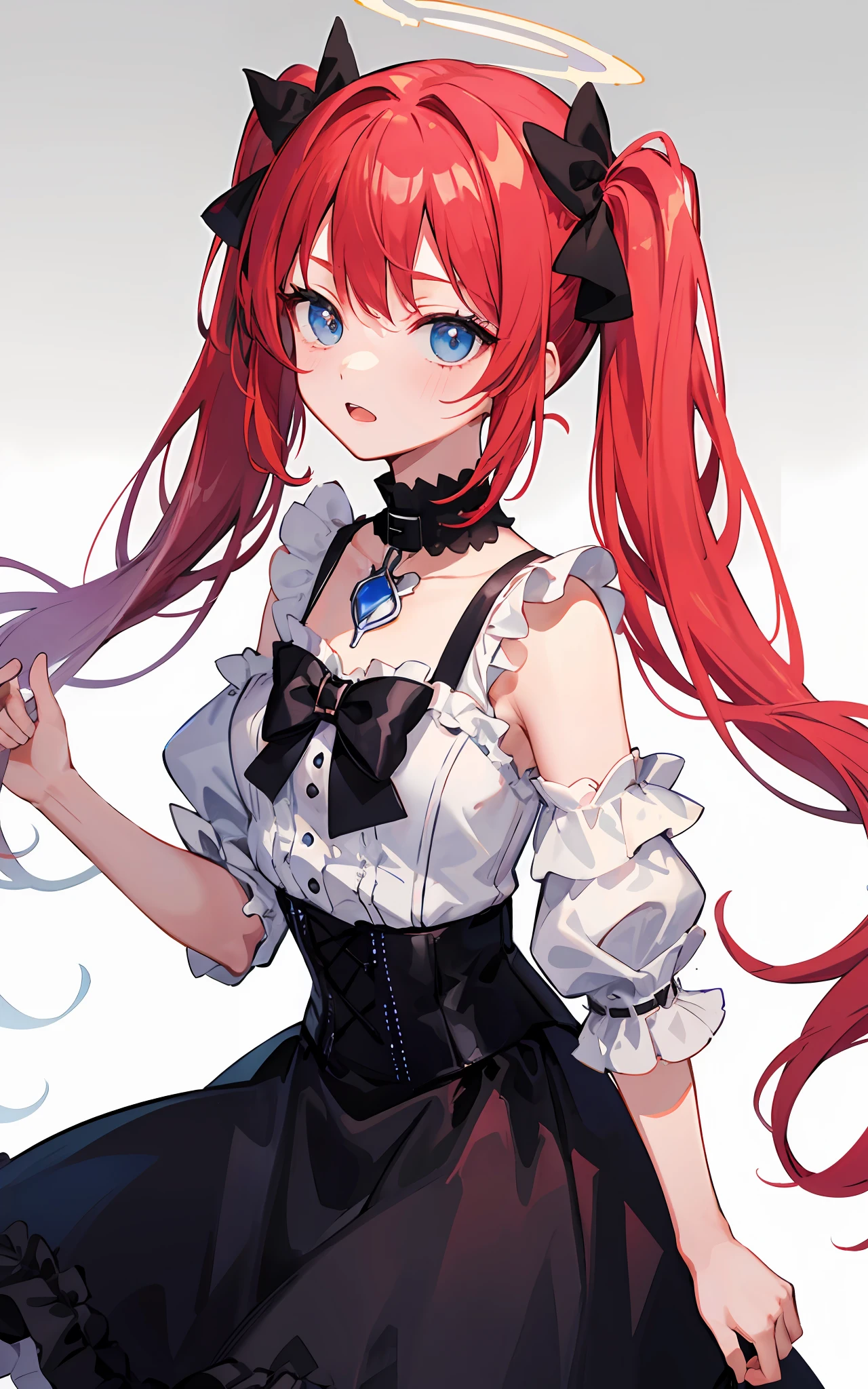 {{best quality}}, {{masterpiece}}, {{ultra-detailed}}, {illustration}, {detailed light}, Red hair, Blue eyes, twintails, Goth ta, Darkgoth, Collar,Crown tiara,pride,solo,lolig hair, halo