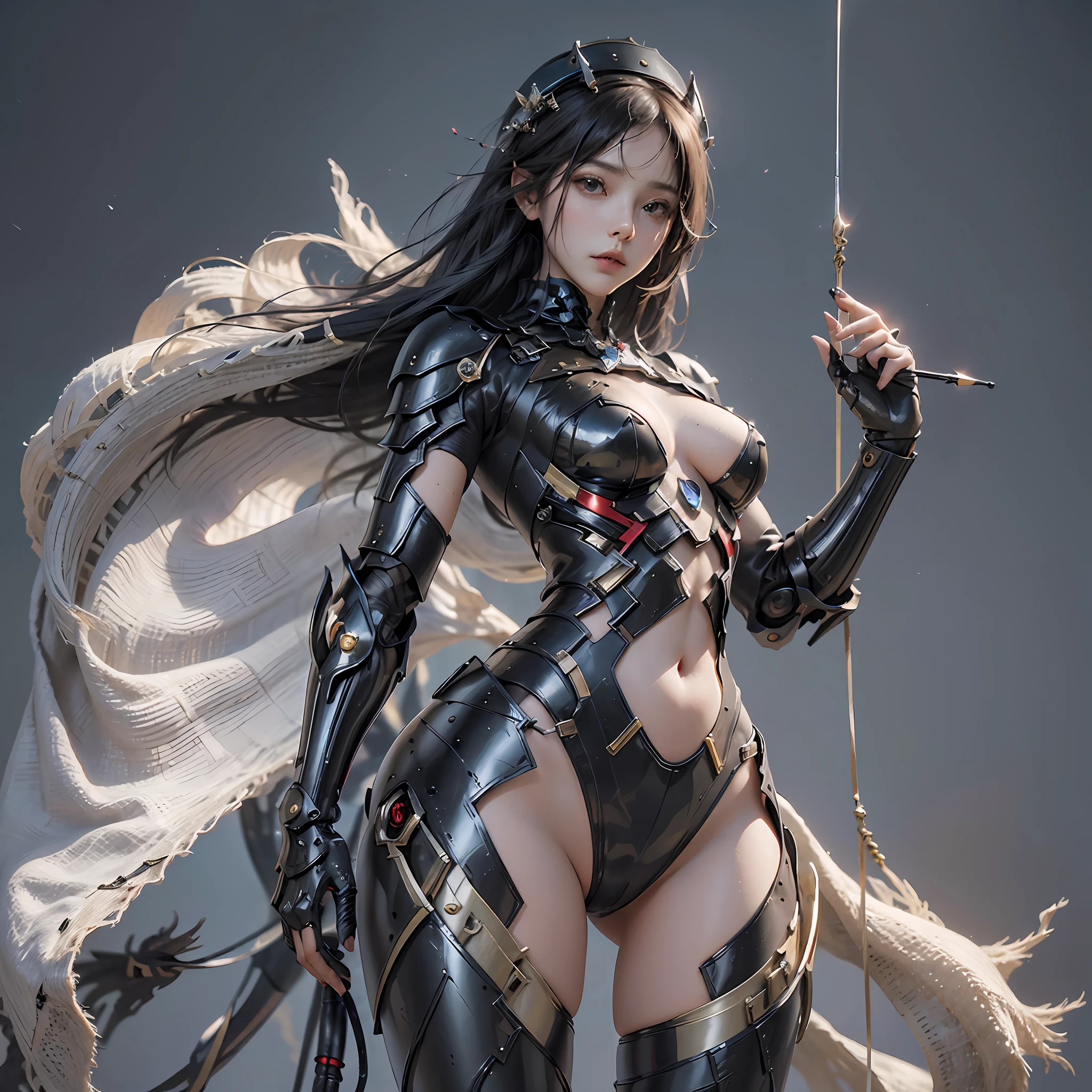 (tmasterpiece), (best qualtiy), Forcing Allah righteousness, realisticlying, ultra - detailed, s the perfect face, Perfect body, 1girll, beuaty girl, Girl in armor, Mechanical armor, exoskeleton, standing on your feet, cool-pose, Raised sexy, look from down、full bodyesbian。