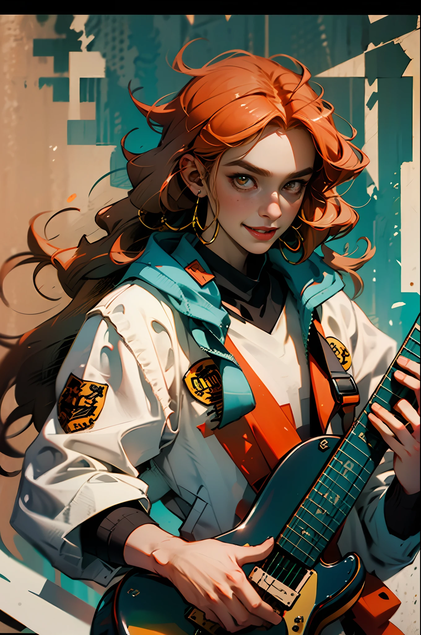Boy, orange hair, orange eyes, open white coat, red shirt,Medium long hair, playing a guitar,Smile --auto --s2