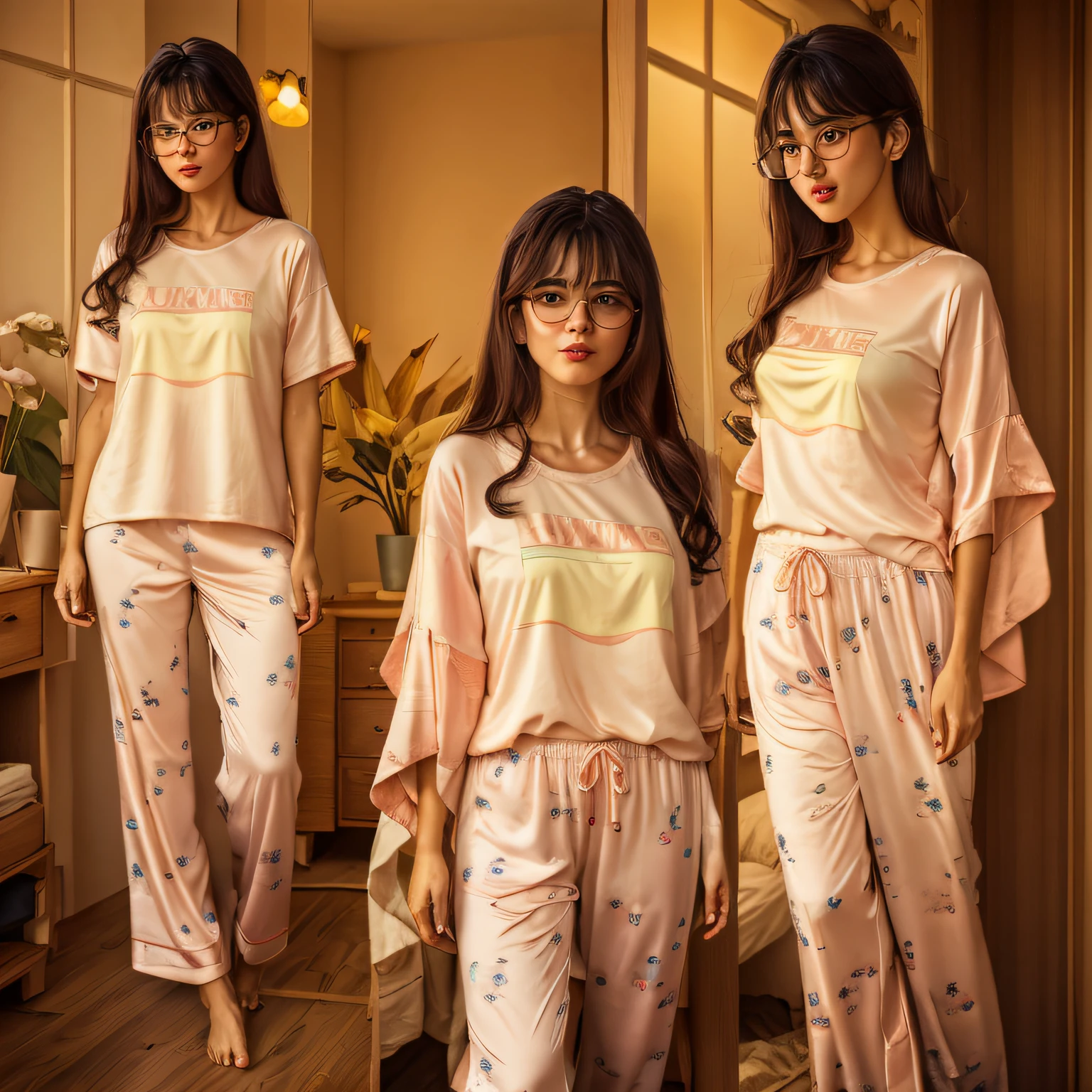 Two women in matching pajamas and glasses stand in front of the mirror, morning lighting, wearing white pajamas, wearing pajamas, summer morning, cinematic morning light, pyjamas, morning glow, Morning sunrise, belle delphine, during dawn, Light clothing, p. j. n, h. Show on the. D, wearing a baggy pajamas, summer morning light, Feminine