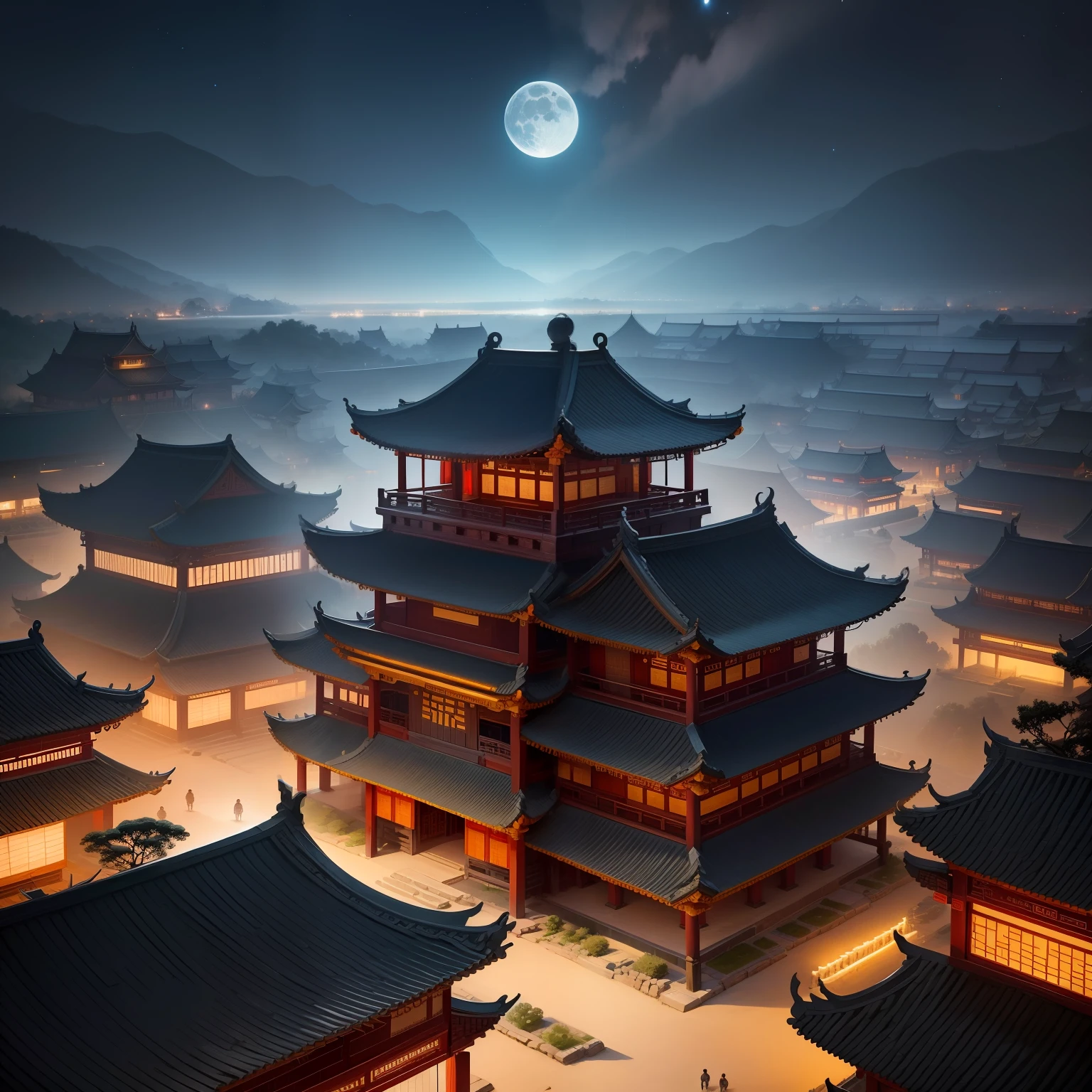 Ancient Chinese city,the night,starrysky,moon full,8K starry sky,Clear night sky,Bustling ancient city,Illuminated night --auto