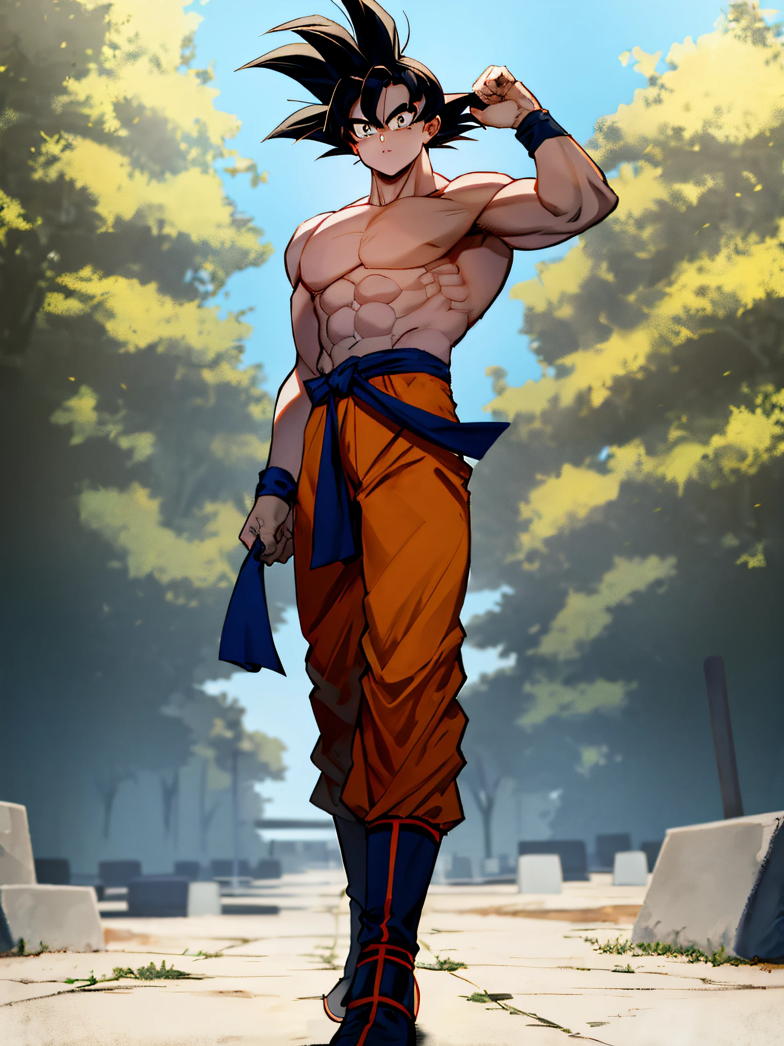 goku, boy, boca aberta, foco masculino, musculoso, faixa, graves, solo, cabelo cravado, topless masculino, roupas rasgadas, ultra instinto, olhos negros, cabelo preto, imagem alta qualidade, tamanho 3037x4252 pixels, 8k, in action ((obra-prima))