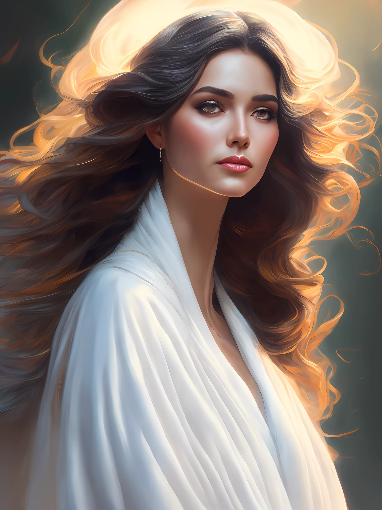 anjo, with flowing hair, flowing white robes, altamente detalhado, pintura digital, arts station, arte conceitual, macio, foco nítido, illustration, Motor Unreal 5, 8k, Arte de Artgerm e Greg Rutkowski e Alphonse Mucha