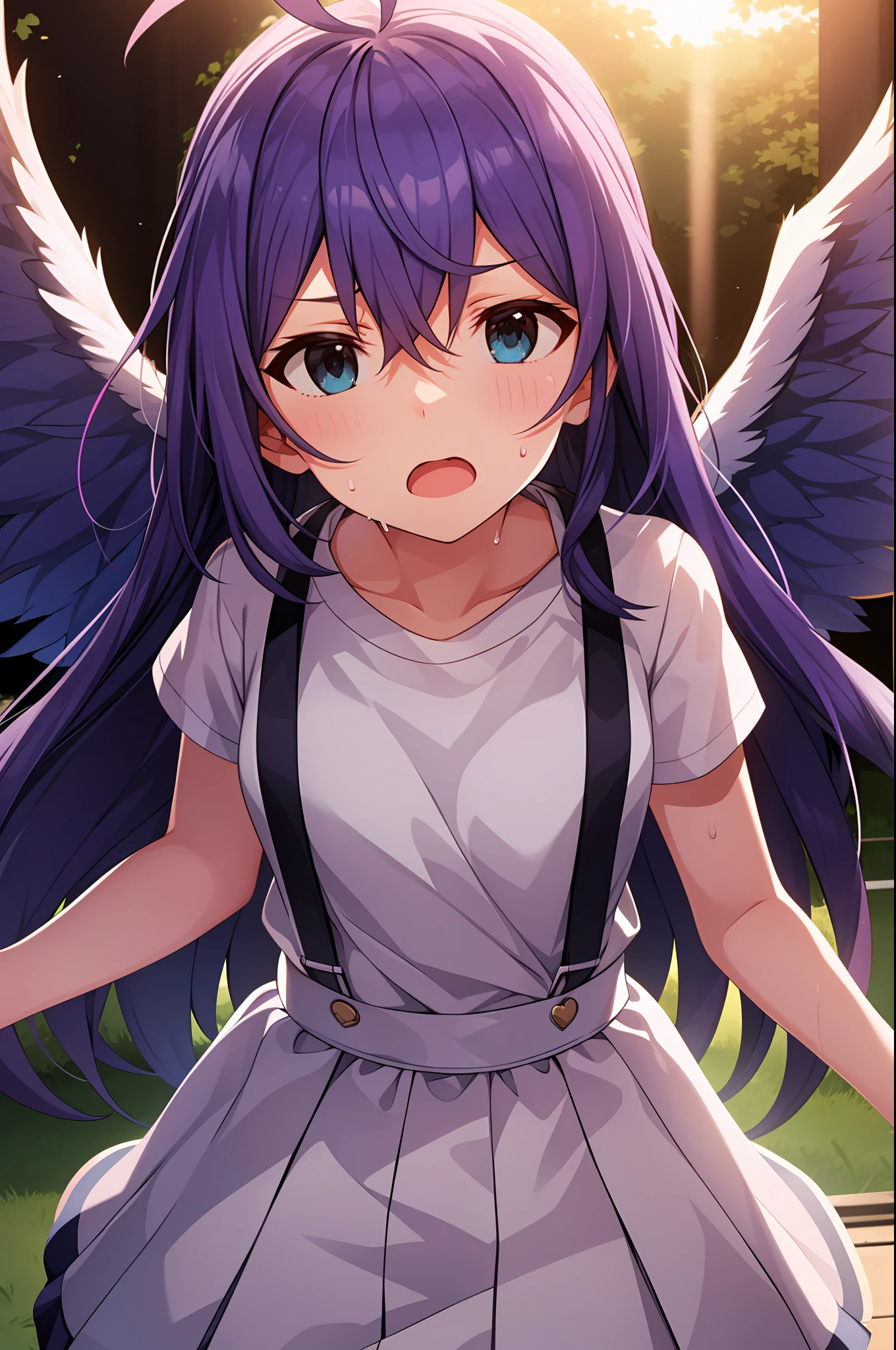 mochizuki anna,1girl in,Solo,Long hair,Purple hair,Medium chest.Ahoge,Blue eyes.Short stature.white t-shirts.suspenders.Skirt.Evening glow.the setting sun.Despair face.Sweat.Opening Mouth.up chest.fighting stance.Angel wings.