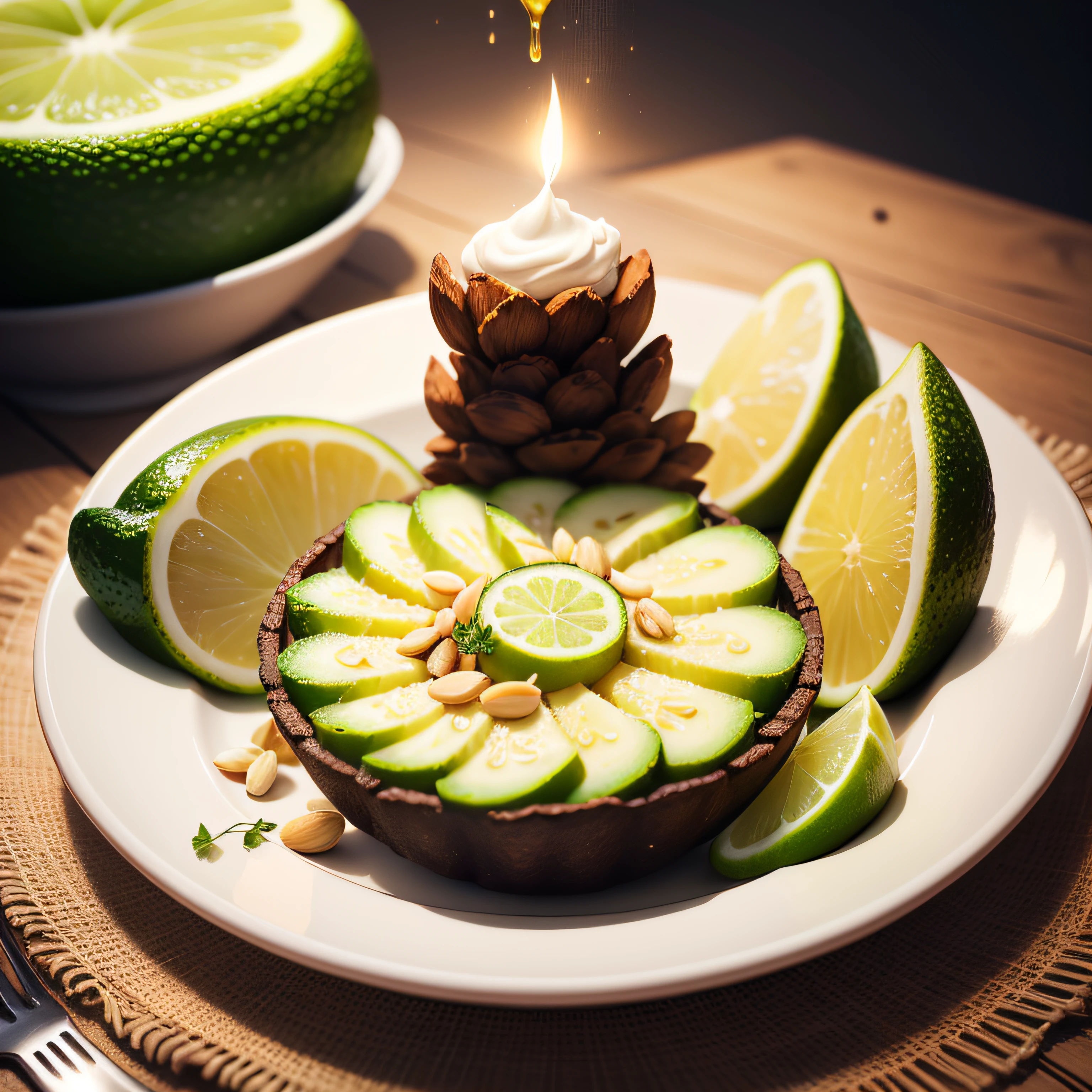 The image shows an exquisite and healthy dish, with a combination of sliced avocado, nozes crocantes e um fio de azeite de oliva extra virgem. The avocado is cut into perfect slices, exibindo sua polpa cremosa e verde vibrante. The nuts are arranged around the avocado, adicionando uma textura crocante e um sabor rico ao prato. A drizzle of extra virgin olive oil is elegantly drizzled over the avocado and nuts, enhancing the flavors and providing a touch of sophistication. The image conveys the feeling of a nutritious and tasty combination, full of healthy fats, antioxidantes e vitaminas essenciais. O ambiente pode ser uma cozinha bem iluminada, with a beautiful decoration and a cozy atmosphere, creating a sense of well-being and pleasure while enjoying this delicious combination. --auto