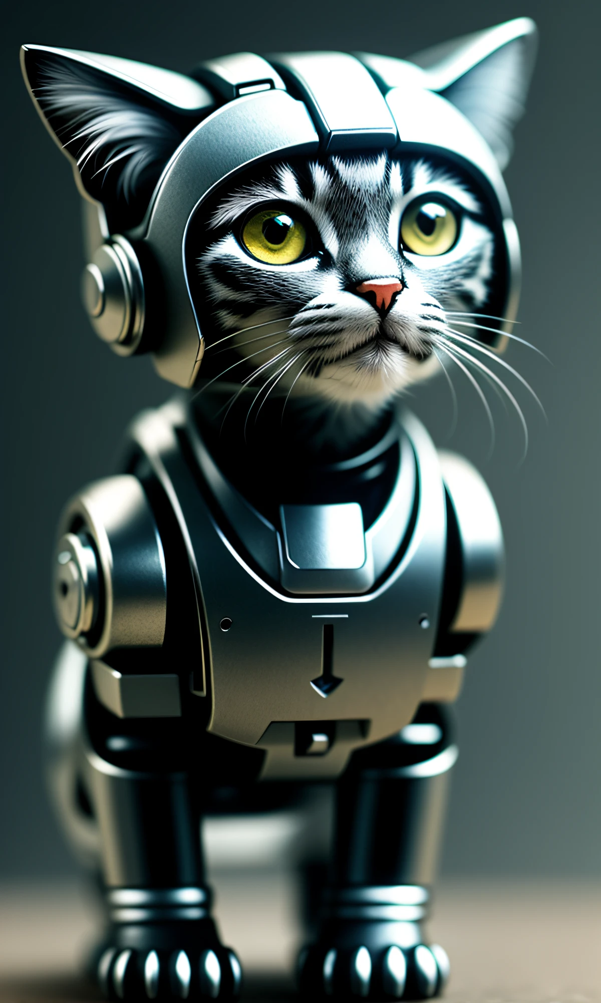 cute kitten made of metal, (cyborg: 1.1), ([tail | detailed wire]: 1.3), (complex detail), HDR, (complex detail, super detail: 1.2), cinematic shot, vignette, center