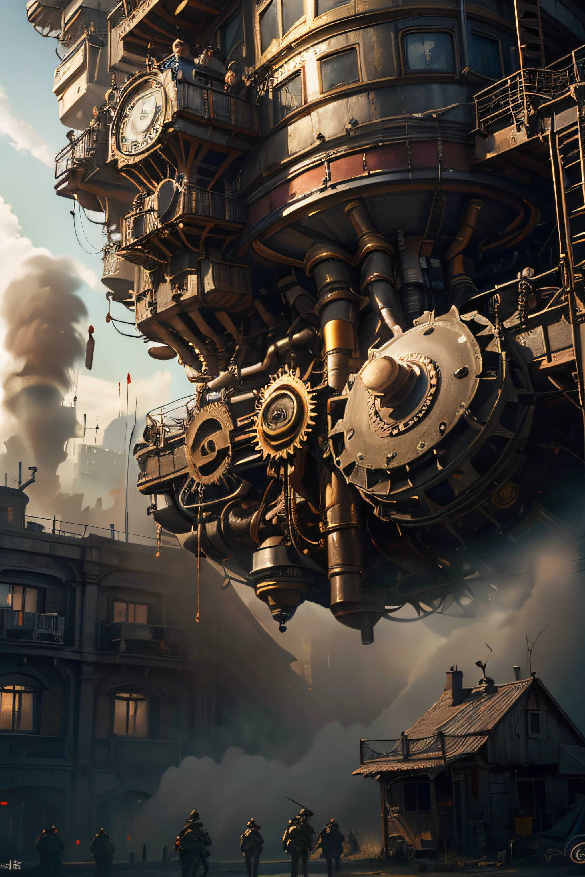 master part,melhor qualidade,fotorrealista,melhor sombra,delicado,..RAW,ultra high-resolution,Arte hiper-realista,gallery-grade work,Arte Oficial,wallpaper forced,64 mil,,ultra precise,visualmente impressionante,Obra-prima sublime,peak clarity,1 enorme cidade Steampunk,High-rise buildings covered by behemoth-like mechanical devices,show a scene of sharp contrast,Uma camada de nuvens subindo desordenadamente sobre a cidade,Huge steampunk buildings,The surface is covered with complex gears and mechanical devices,(eyesight,full view,corpo inteiro:1.2),(Nas paredes da cidade Steampunk,1 soldiers in strong mechanical armor.,Handheld Steam Gun,Guard the safety of the city:1.2),Steampunk,dirigible,Steam robot,