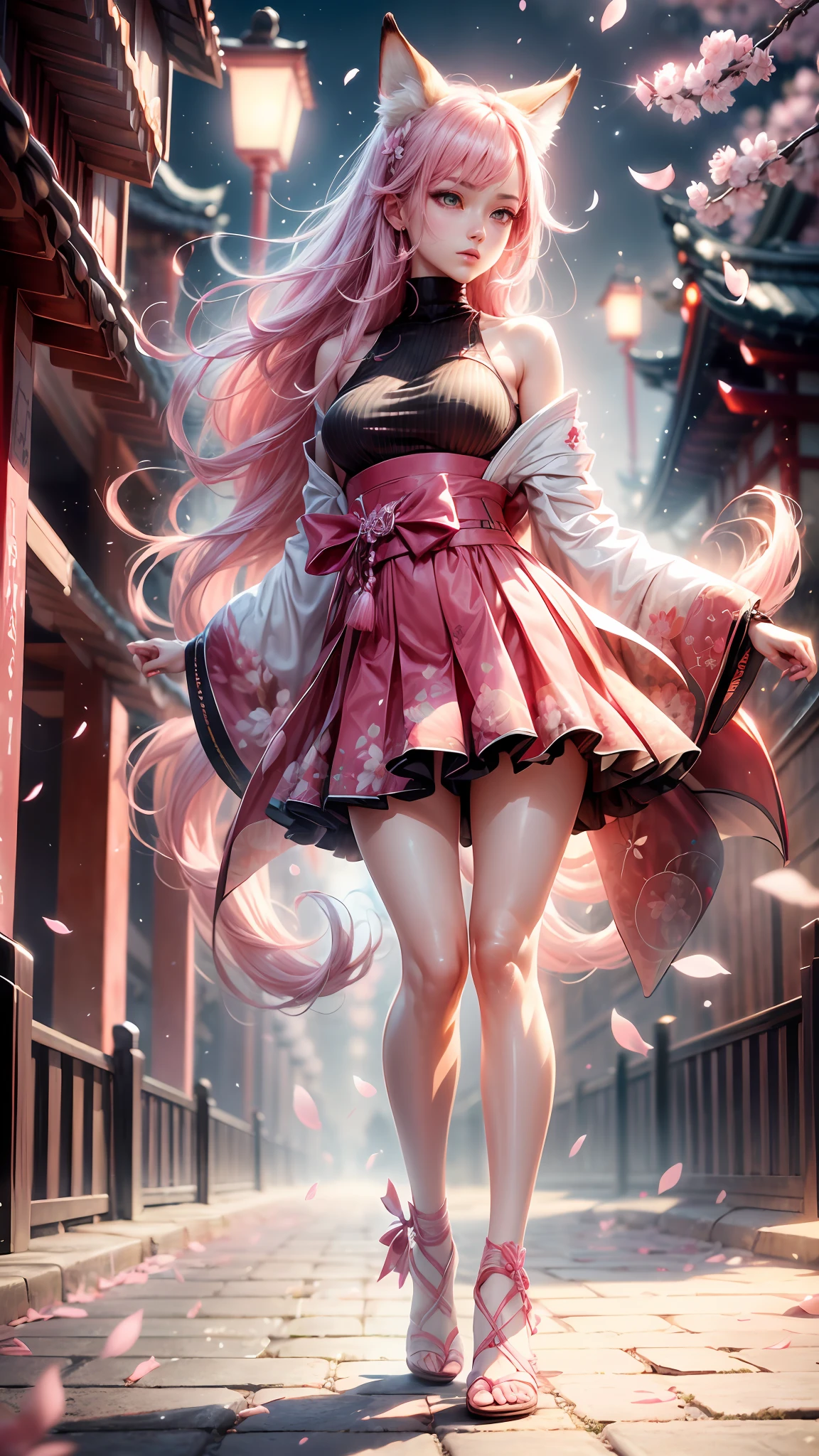 Best quality, hyper-high detail, very high res, Extremely detailed CG, 真实感,absurd res,fox ear,Huge colorful fox tail, 8K,Colorful, A 20-year-old nine-tailed fox girl,japanaese girl,Light turtleneck shirt,Detailed clothing patterns,tiese,(full body:1.3),Solo,Perfect body shape,(long leges:1.3), Faraway view,high-heels,(Black eyes), (Pink hair to shoulders), Extremely long pink diamond hair floating, blueribbon, Beautiful eyes,(Pink clothes:1.3),Wet clothes, Short pink skirt, detailed and beatiful face and eyes, ((Shiny skin)), Shiny hair, (detailed and beautiful shiny clothes, Temple,holy rays,japan temple,the cherry trees,Cherry blossoms flying,(dynamicposes:1.3),low perspective,