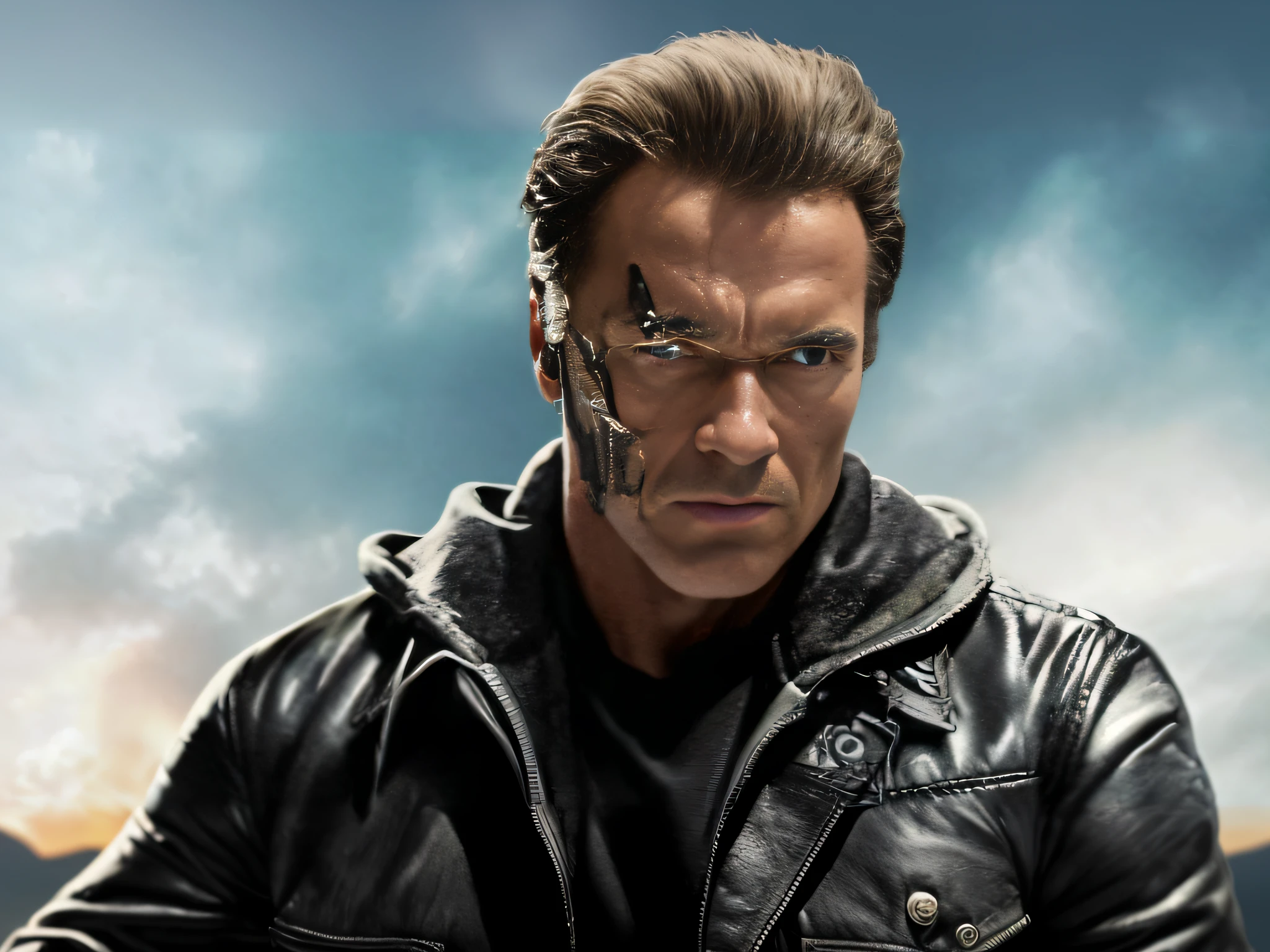 Homem de jaqueta de couro com uma cruz na testa, Retrato do Exterminador do Futuro, Schwarzenegger, T-800, t - 8 0 0, terminador t 8 0 0, Jim Carrey como Exterminador do Futuro, Terminador, Arte do Exterminador do Futuro, O Exterminador do Futuro, Exterminador sem carne, Arnold Schwarzenegger, Arnold render, Ainda do filme O Exterminador do Futuro, Tecnologia do Exterminador, Arnold