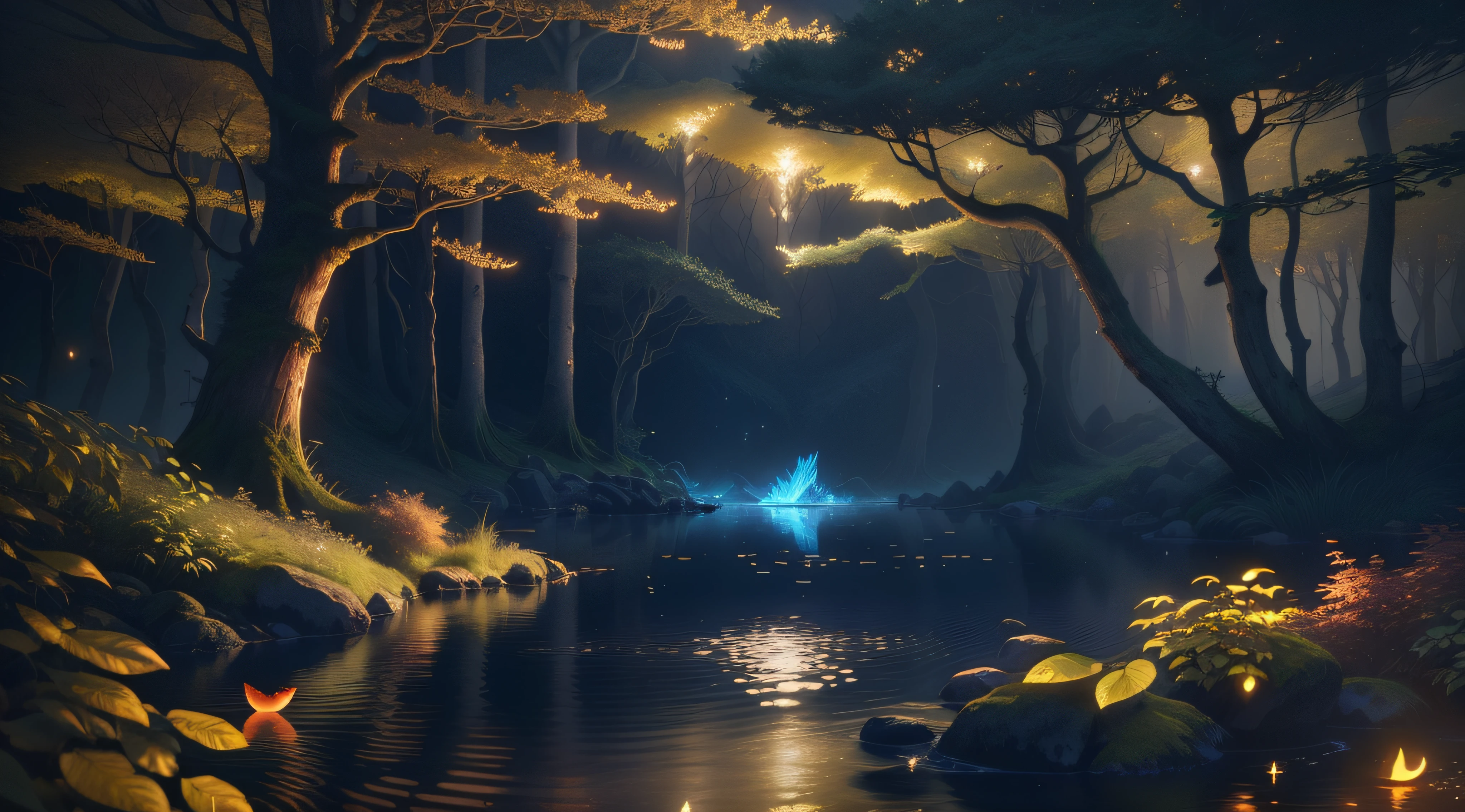 There is a small boat floating on a small stream in the forest, mystical forest lagoon, 3 d render bipe, magical forest with fireflies, Unreal Engine Arte de fantasia, Artem Demura Beeple, anime exuberante john 8k madeiras, cinematic forest lighting, ambiente florestal de fantasia, magical forest backround, magical clearing, magic fantasy forest