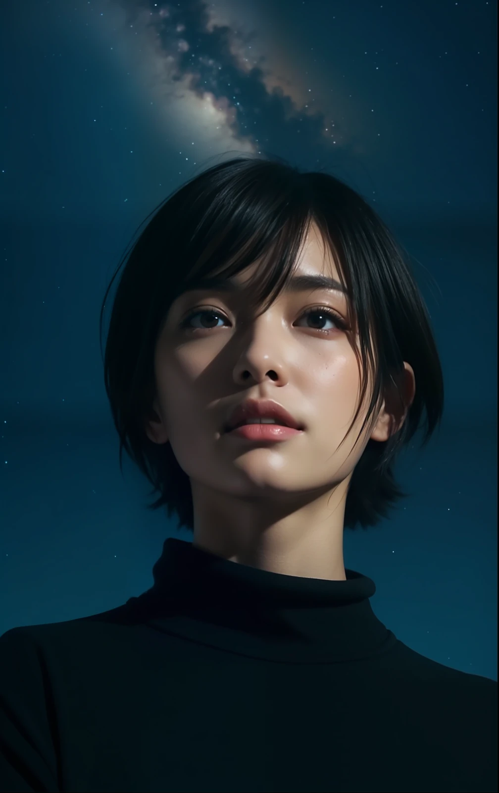 Cute Japan woman in short cut looking up at the starry sky on winter night,Photorealsitic, highcontrast, 8K HD, detaileds, realistic skin textures, top-quality, 超A high resolution, Raw photo, Dramatic Lighting, unrealengine, Short-cut hairstyles,Beautiful girl model,detaile,realistic skin textures,Very meticulously