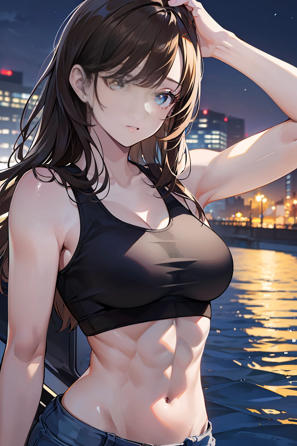 ((Realistic lighting, Best quality, 8K, Masterpiece: 1.3)), Clear focus: 1.2, 1girl, Perfect beauty: 1.4, Slim abs: 1.1, ((Dark brown hair)), (White crop top: 1.4), (Outdoor, Night: 1.1), Park view, Super fine face, Fine eyes, Double eyelids,