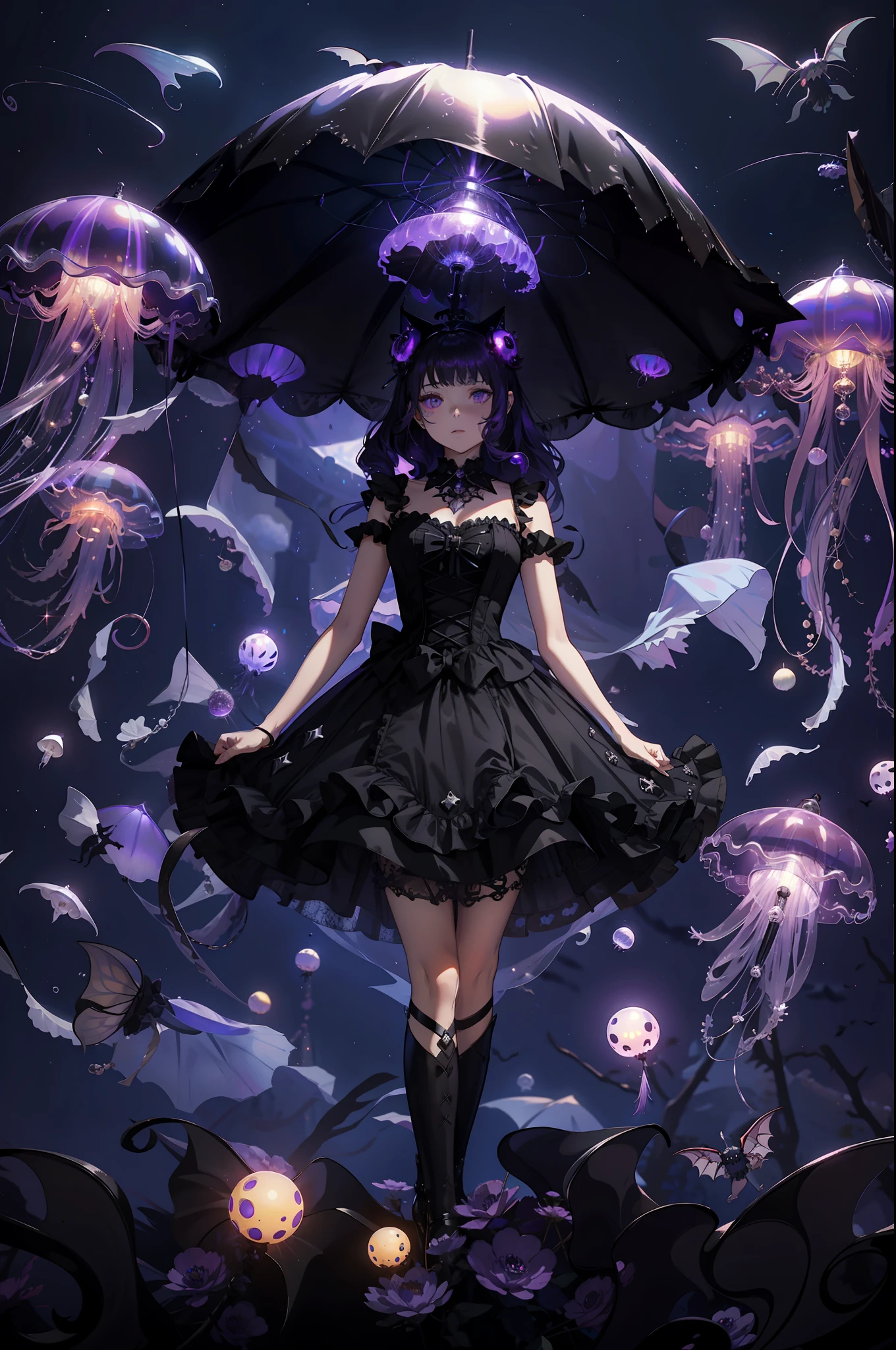 Girl in the sky, Black Gothic ta Dress, capes, Purple luminous orb on dress, Jellyfish in a skirt, Bat design of the dress, Countless black jellyfish float, Jellyfish bat wings, Tentacles from the skirt, One big black jellyfish overhead, starrysky, fullmoon, Cat ear hair ornament on her head, Two shiny balls hair ornament on her head, Armor Ring, Vampire squid