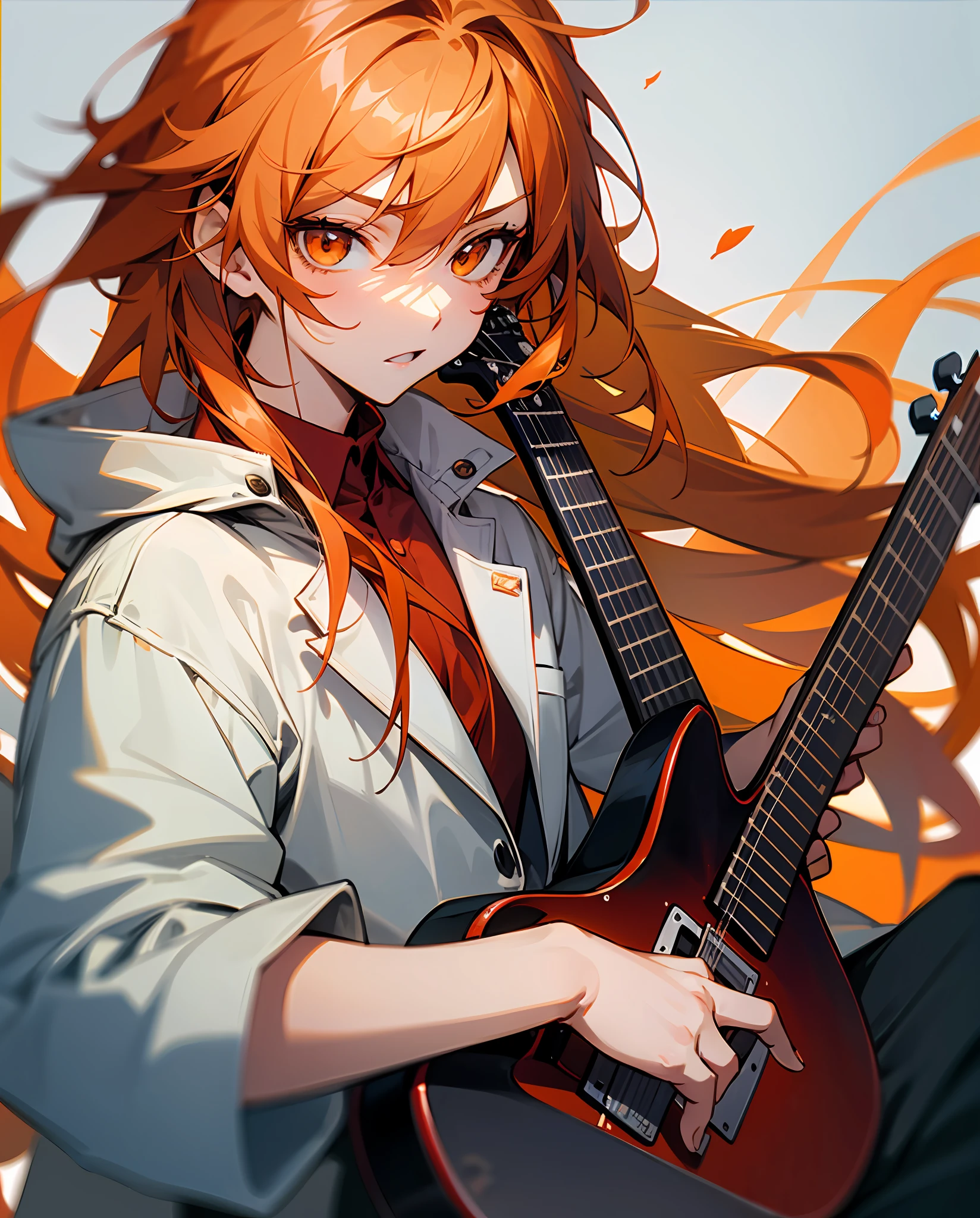 Boy, orange hair, orange eyes, open white coat, red shirt,Medium long hair,Playing a guitar, anime, 2d --auto --s2